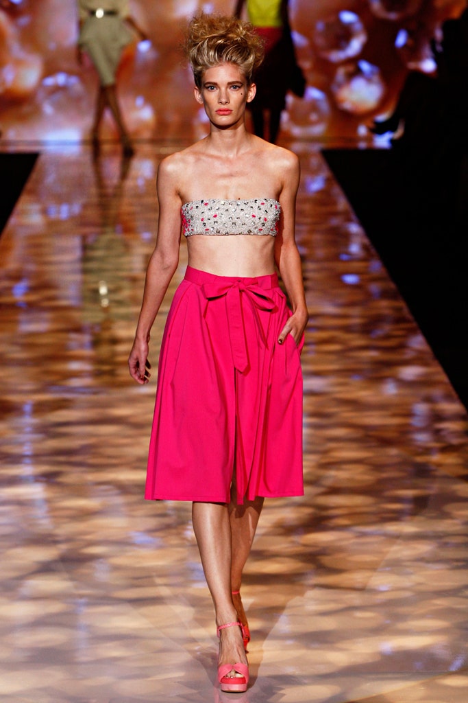 white embroidered strapless top with pink skirt