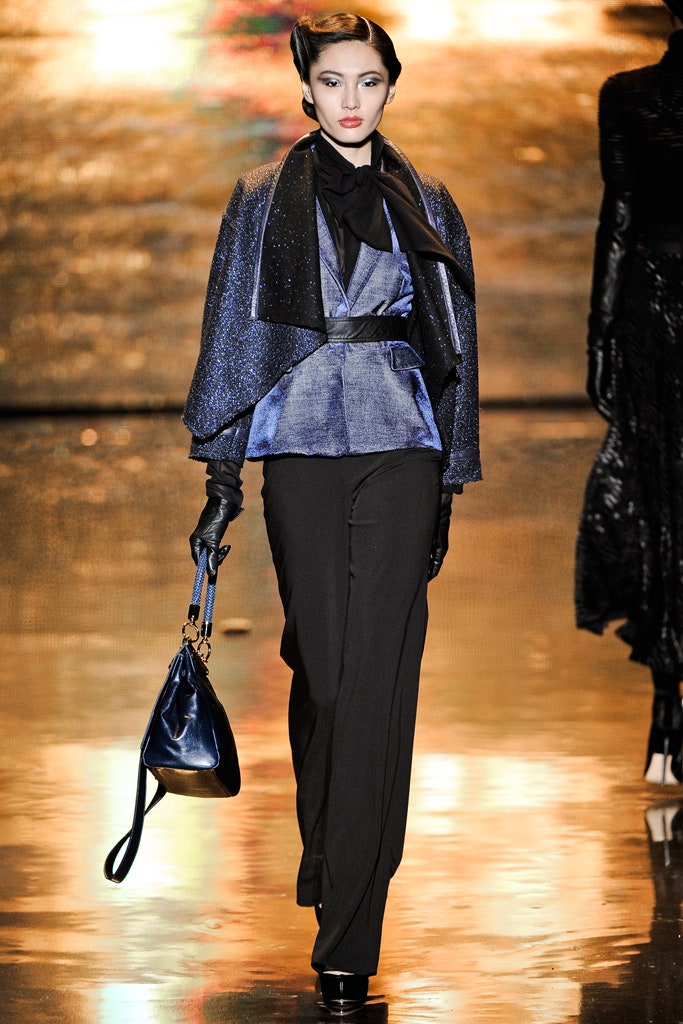 blue silk long-sleeve collared structured layered zippered jacket