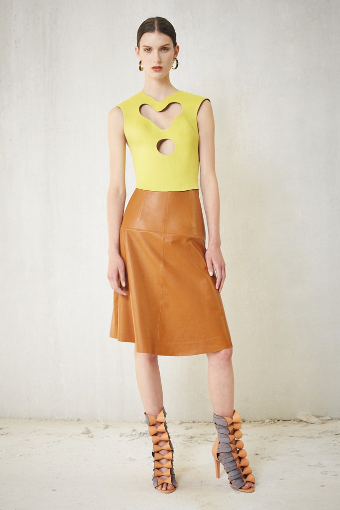 yellow leather top brown skirt