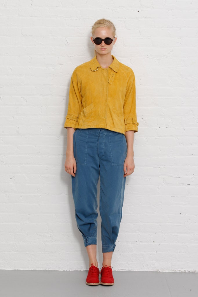 yellow suede jacket with blue pants