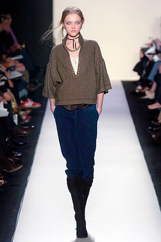 brown wool relaxed top with blue pants