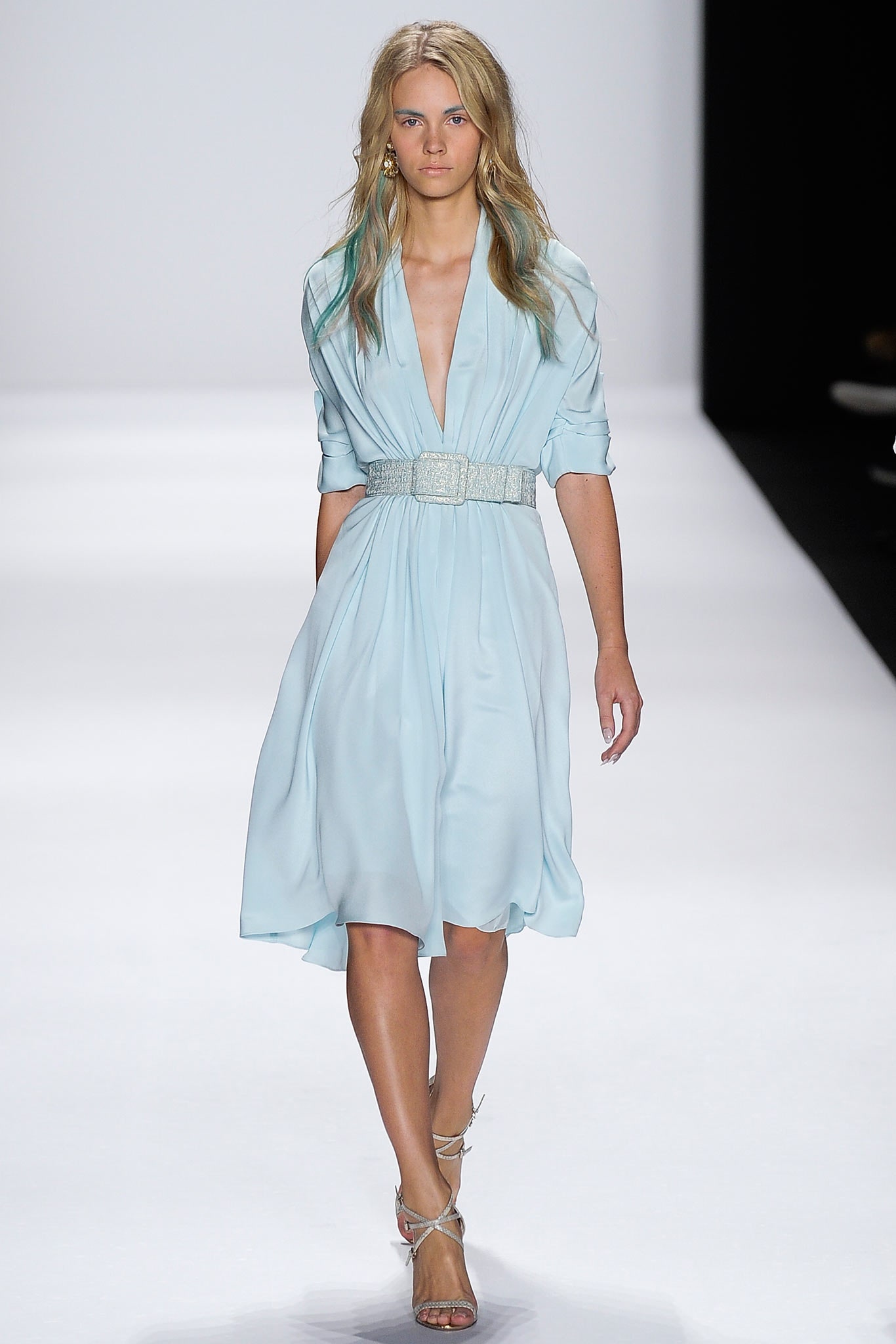 blue silk belted midi dress