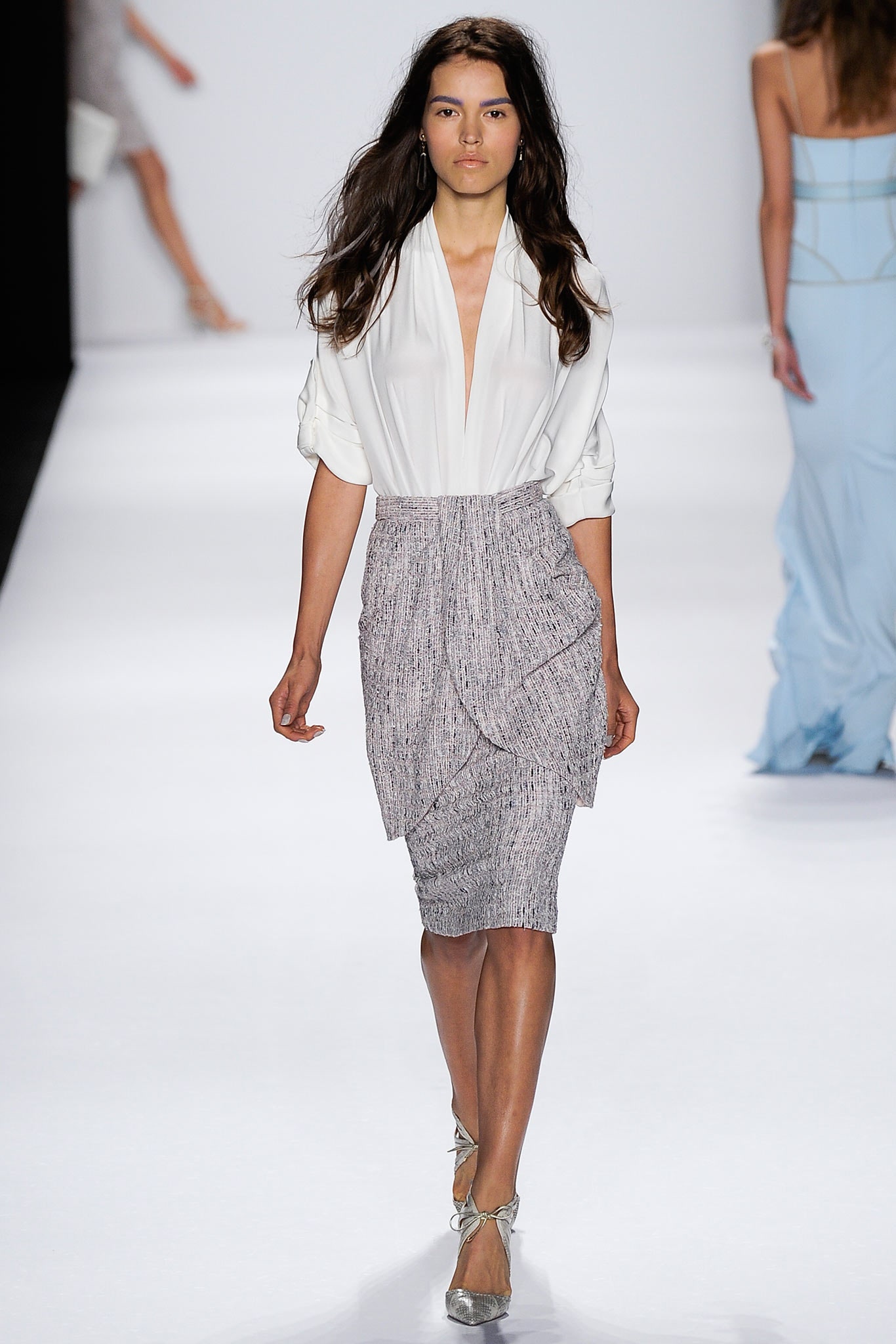 white silk blouse gray ruched skirt