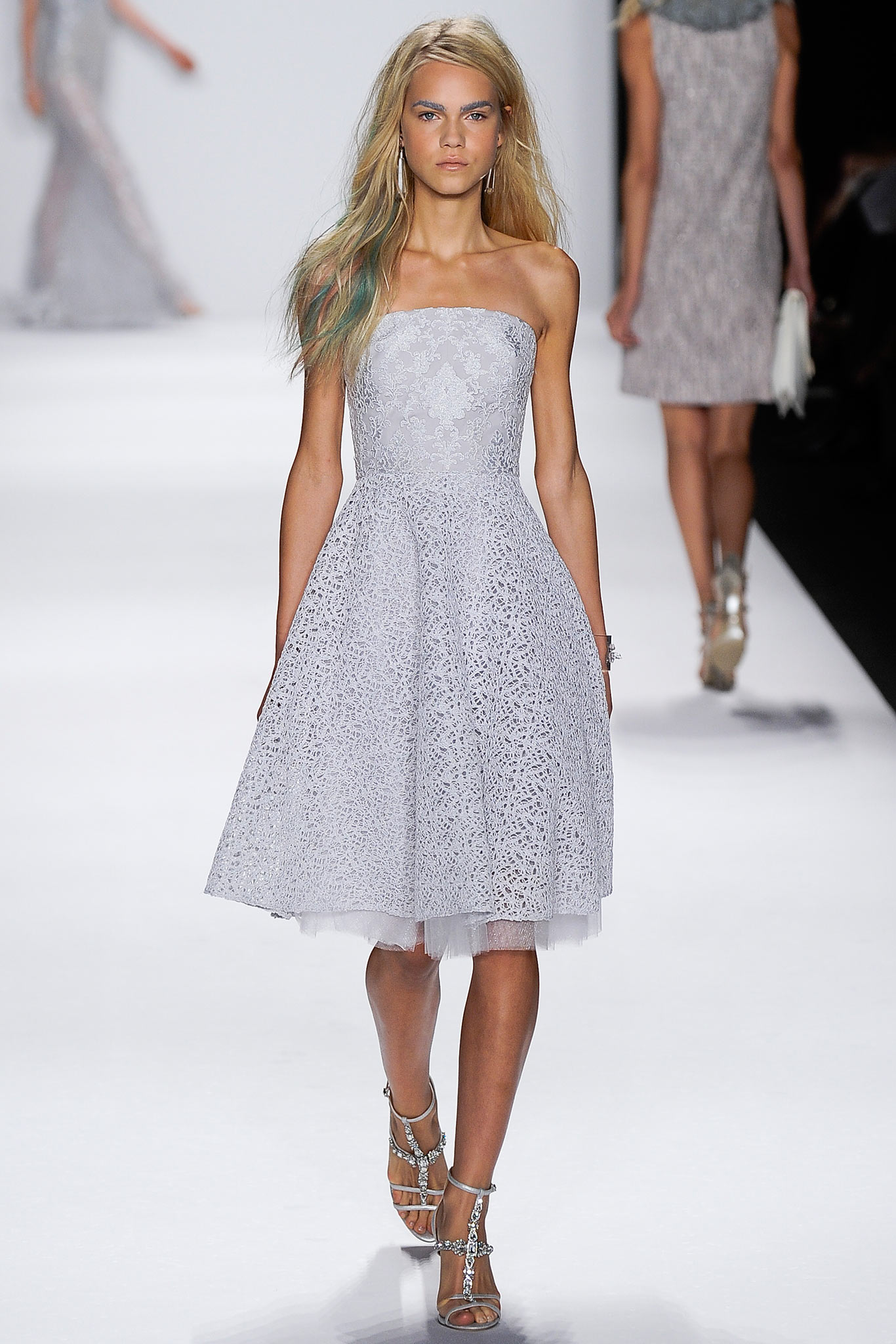 gray lace strapless dress
