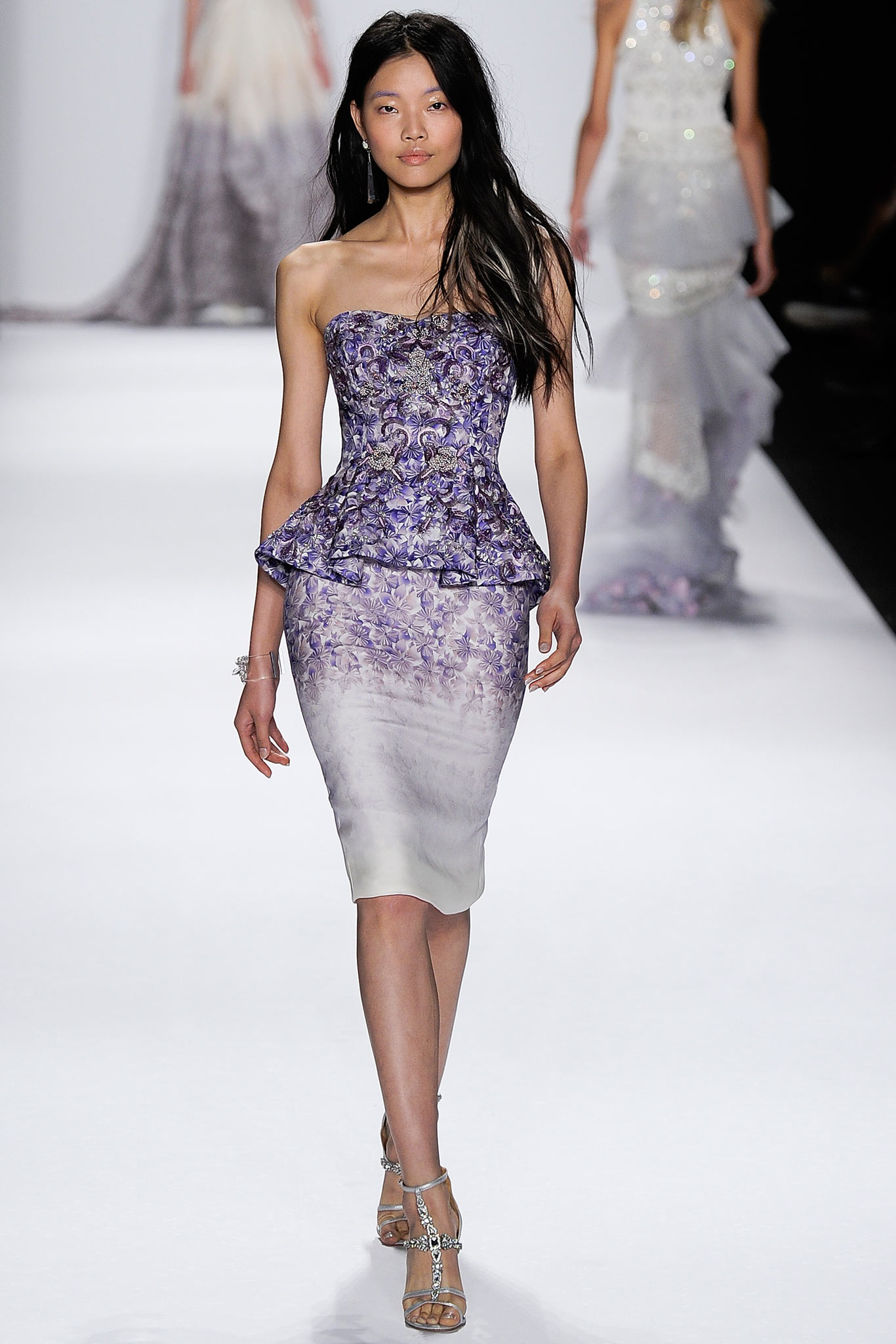 purple silk strapless peplum dress