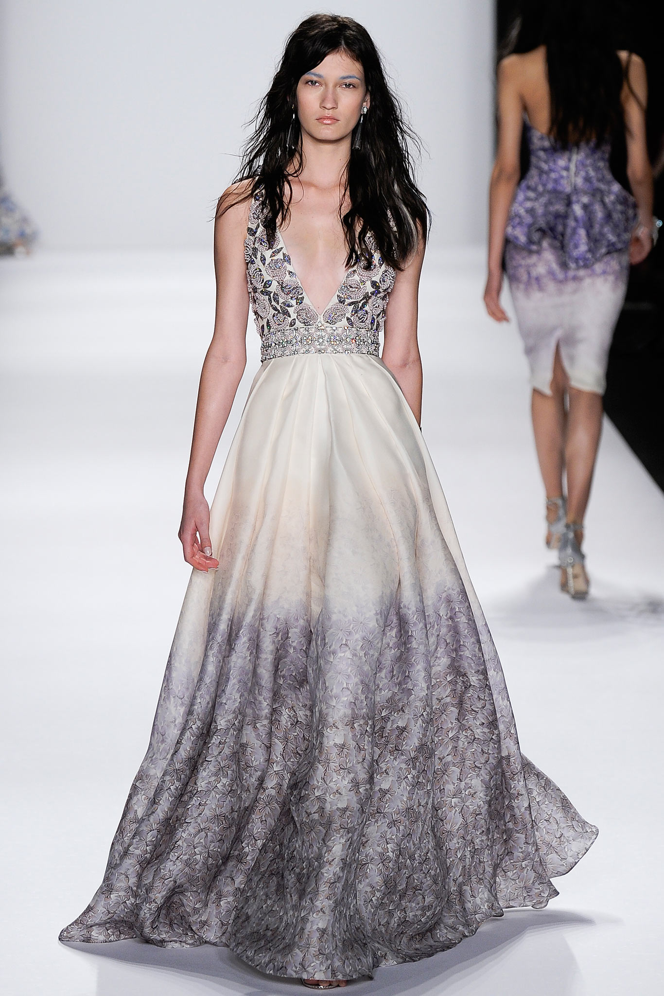 white and purple flowing gown