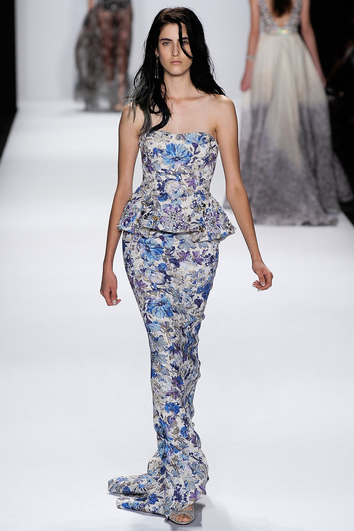 floral strapless silk gown