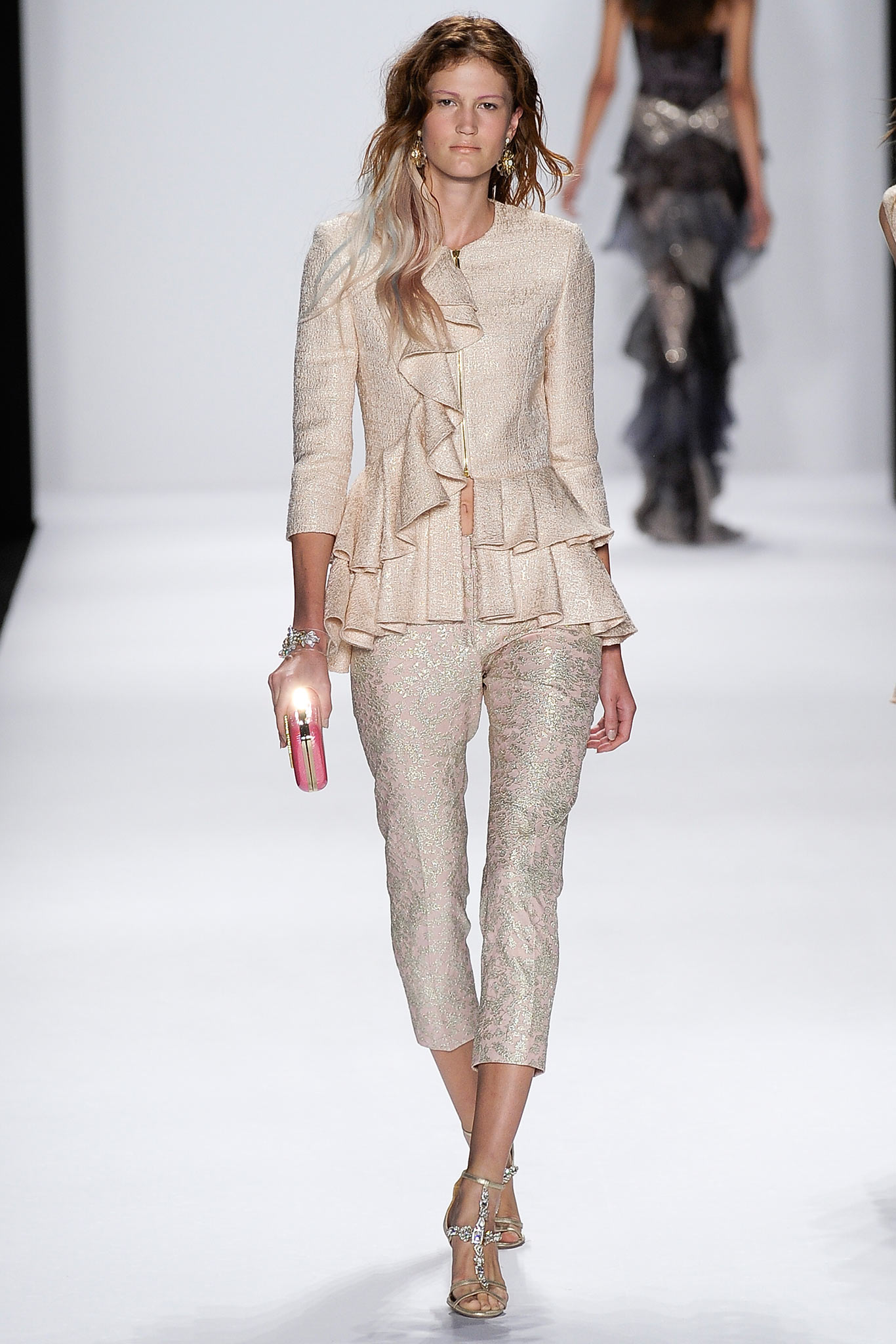 beige tweed long-sleeve collared fitted ruffled blazer