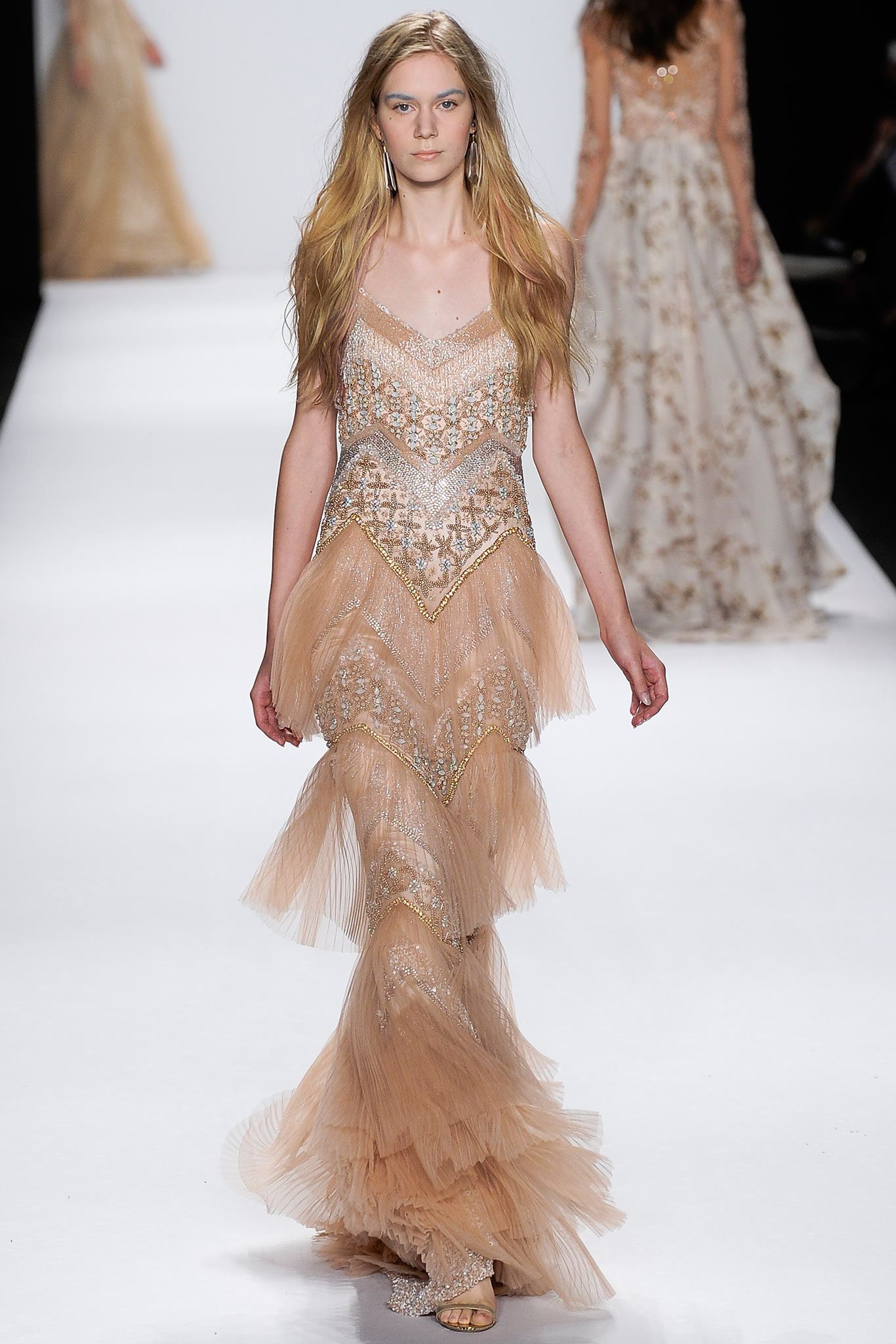 beige silk tulle ruffled gown