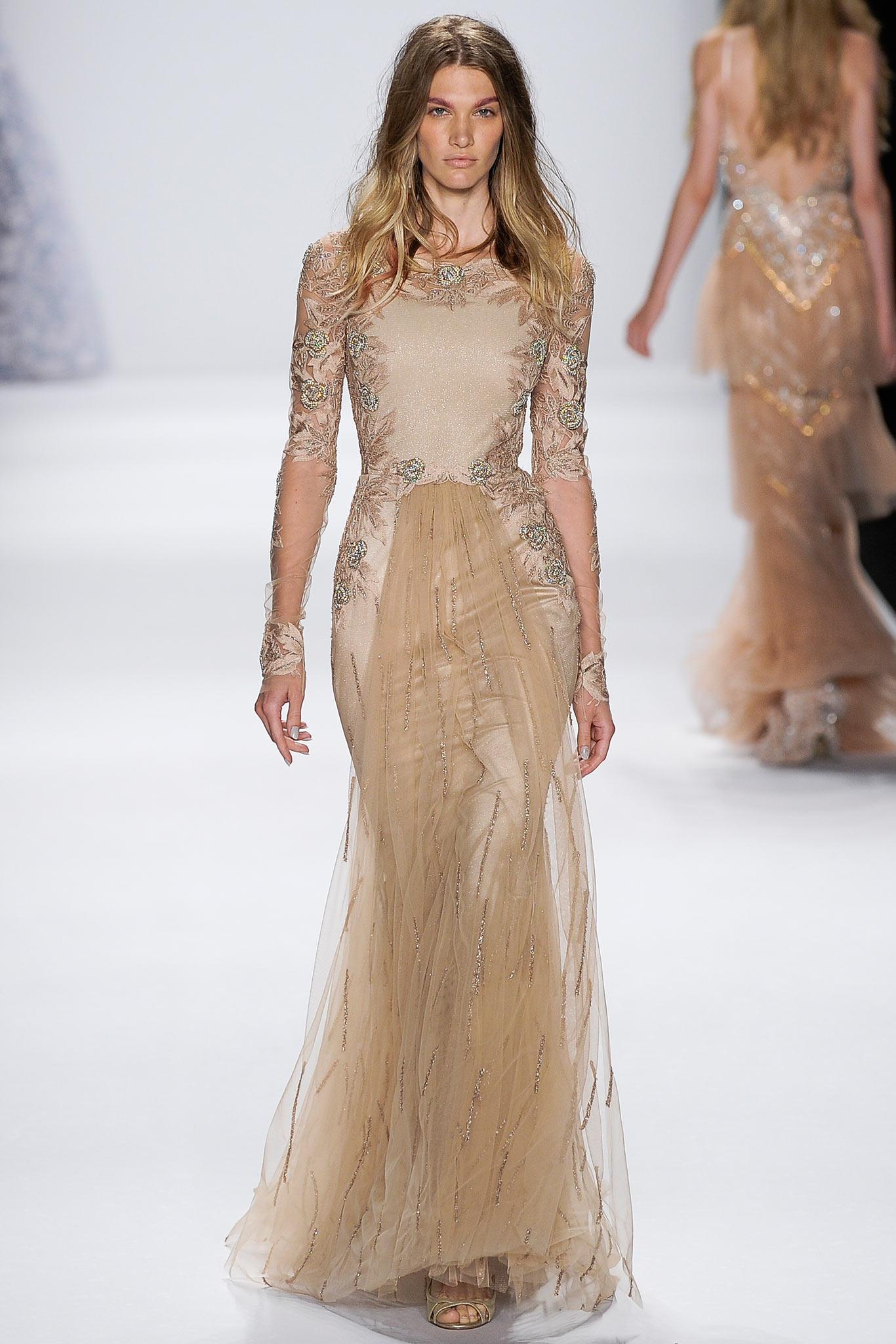 beige embroidered long-sleeve gown