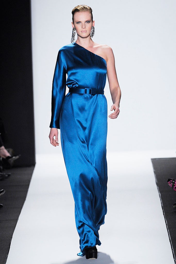 blue satin asymmetric gown