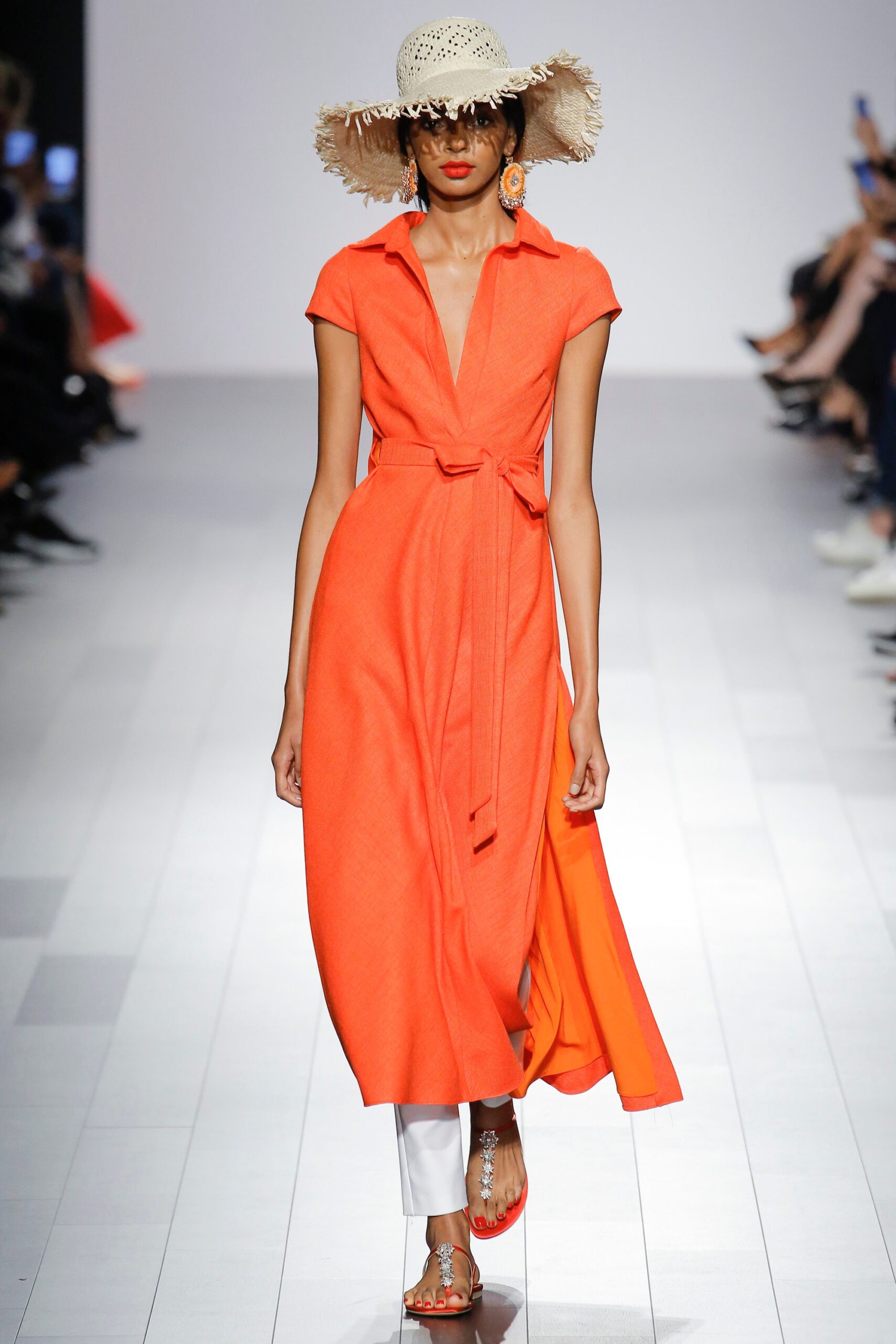 orange belted midi dress