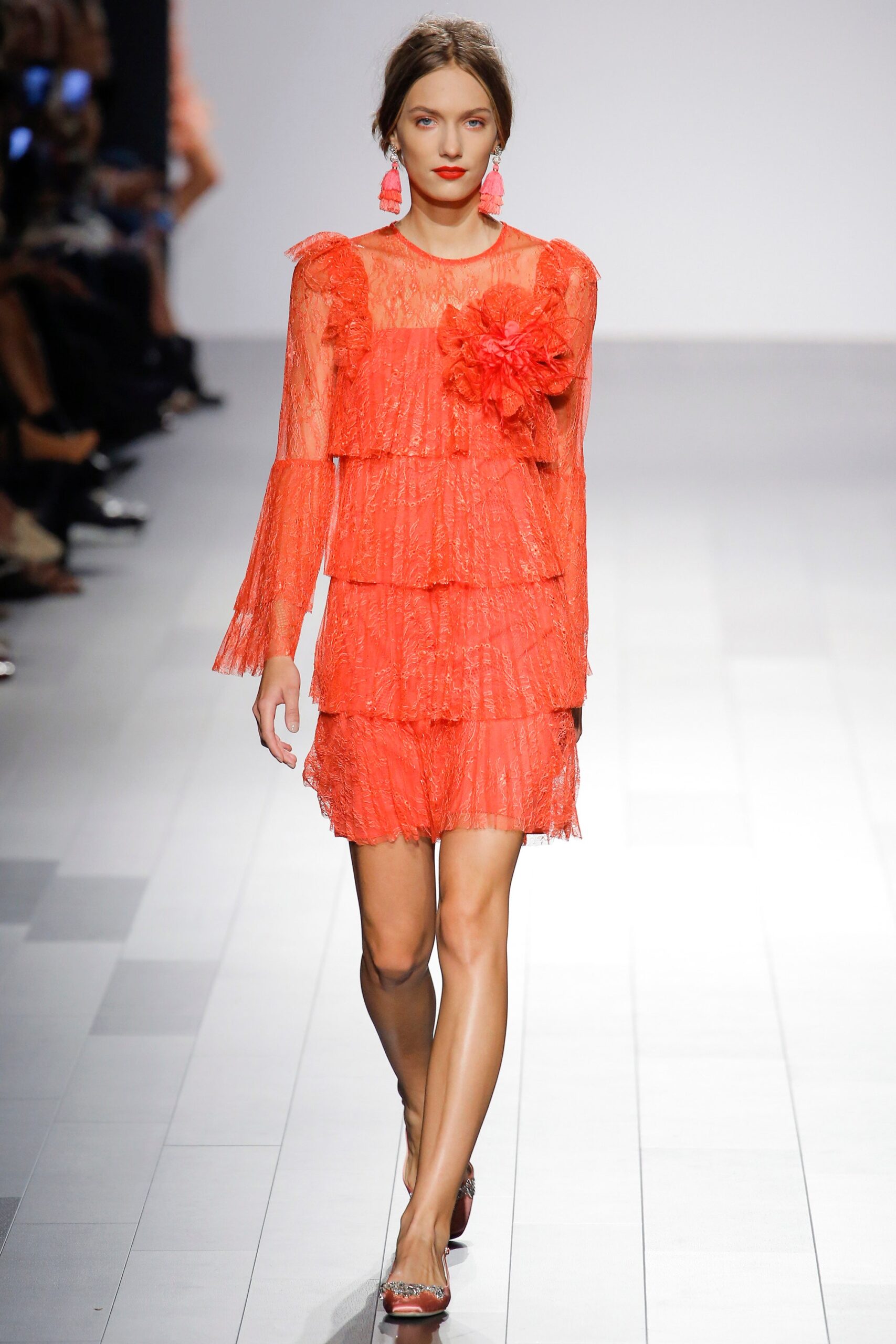 orange lace long-sleeve mini dress