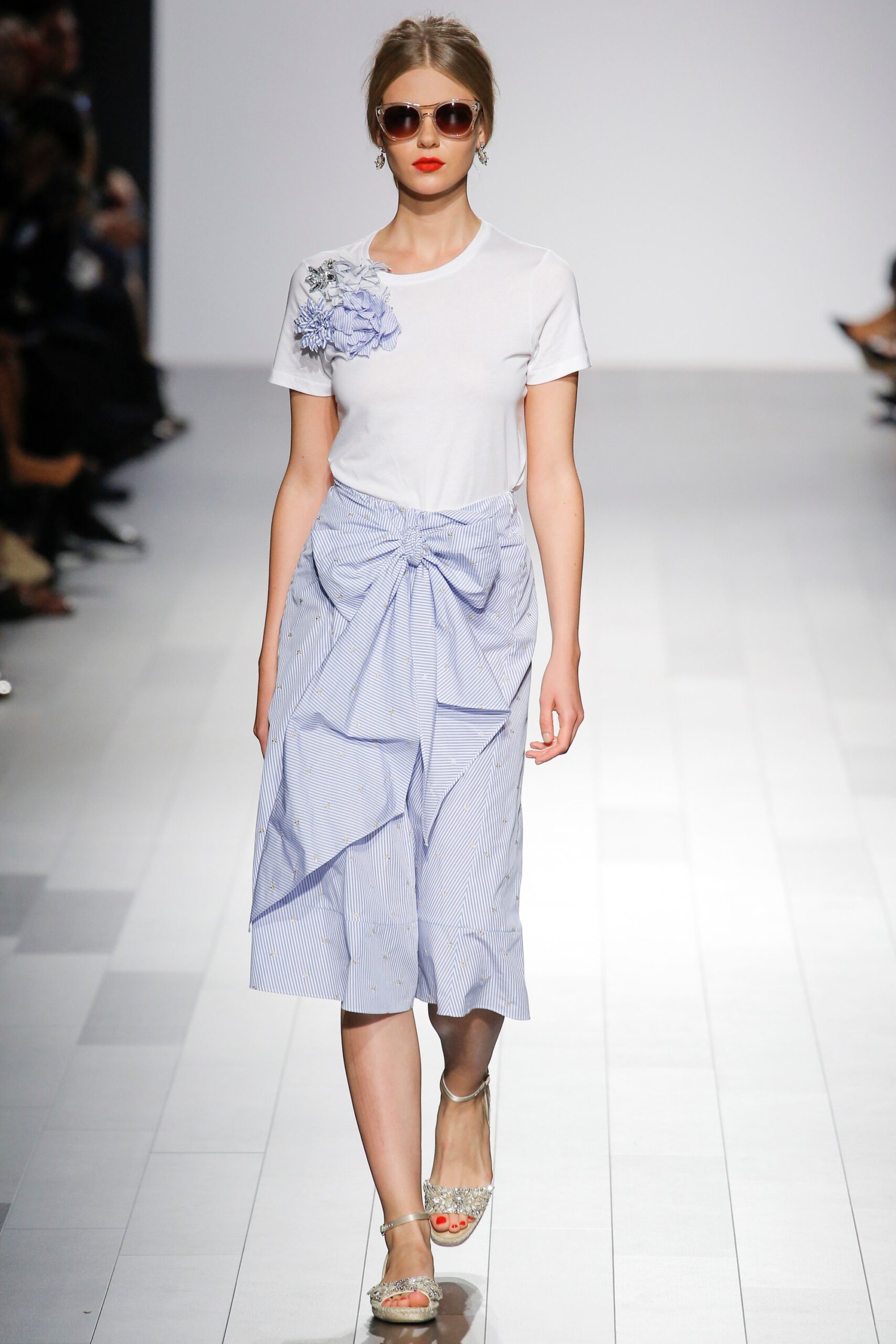 white cotton top with blue skirt