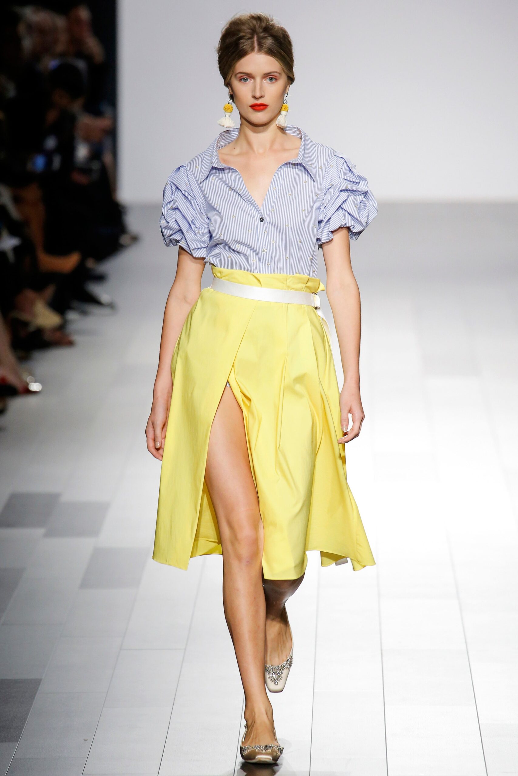 blue and white collared shirt with yellow skirt