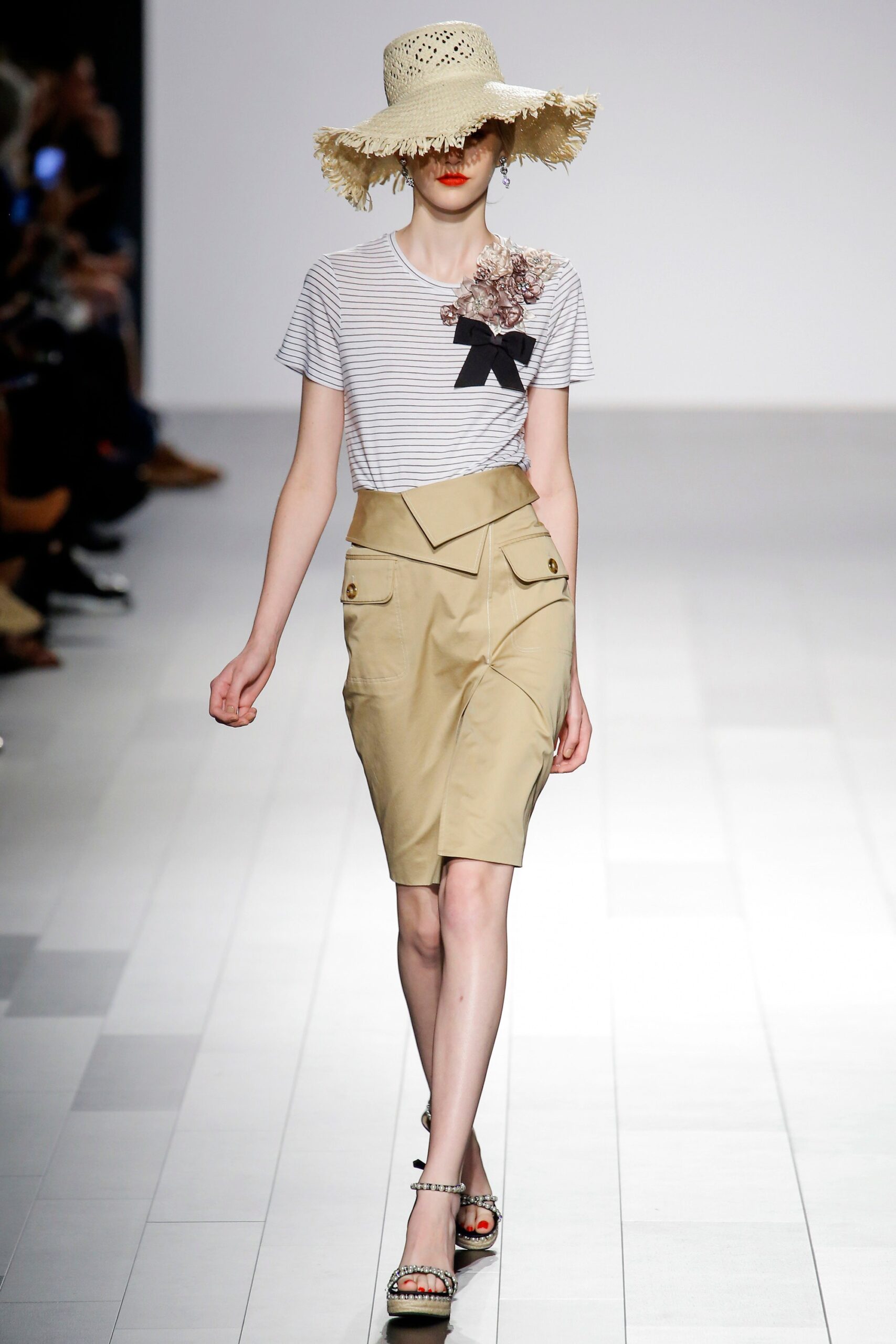 striped cotton top and beige skirt