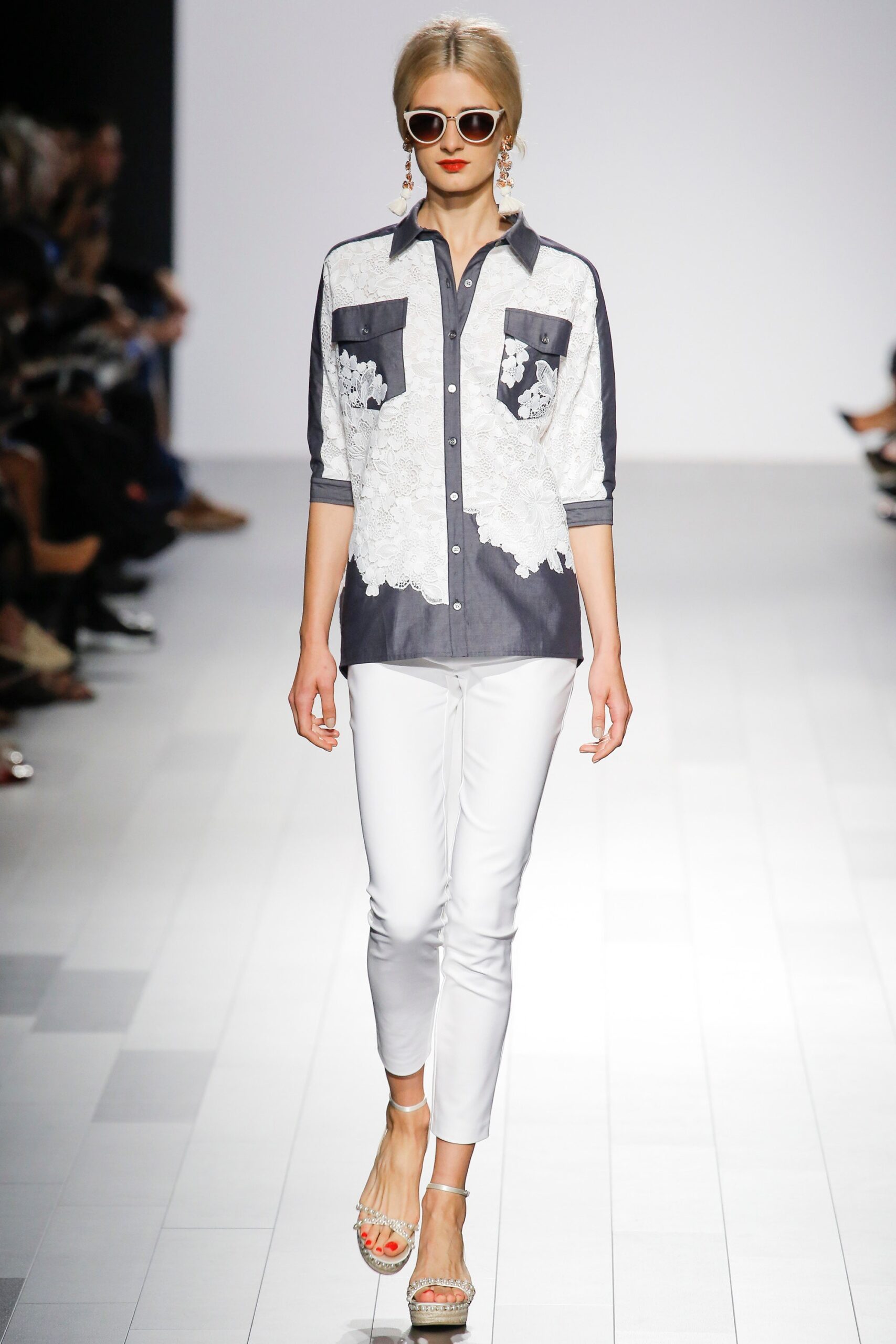 blue and white embroidered shirt with slim pants