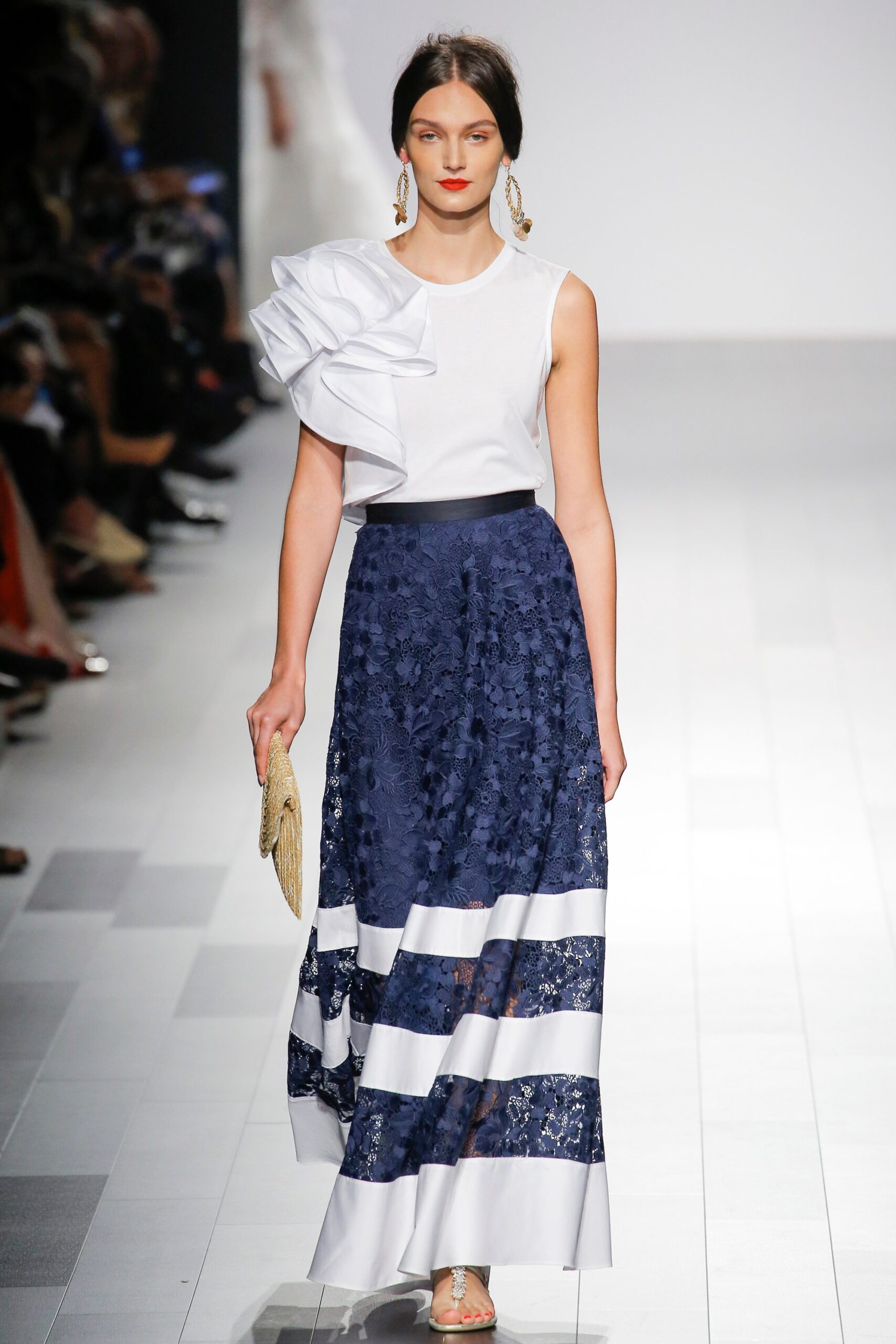 white fitted top with pleats and blue lace maxi skirt