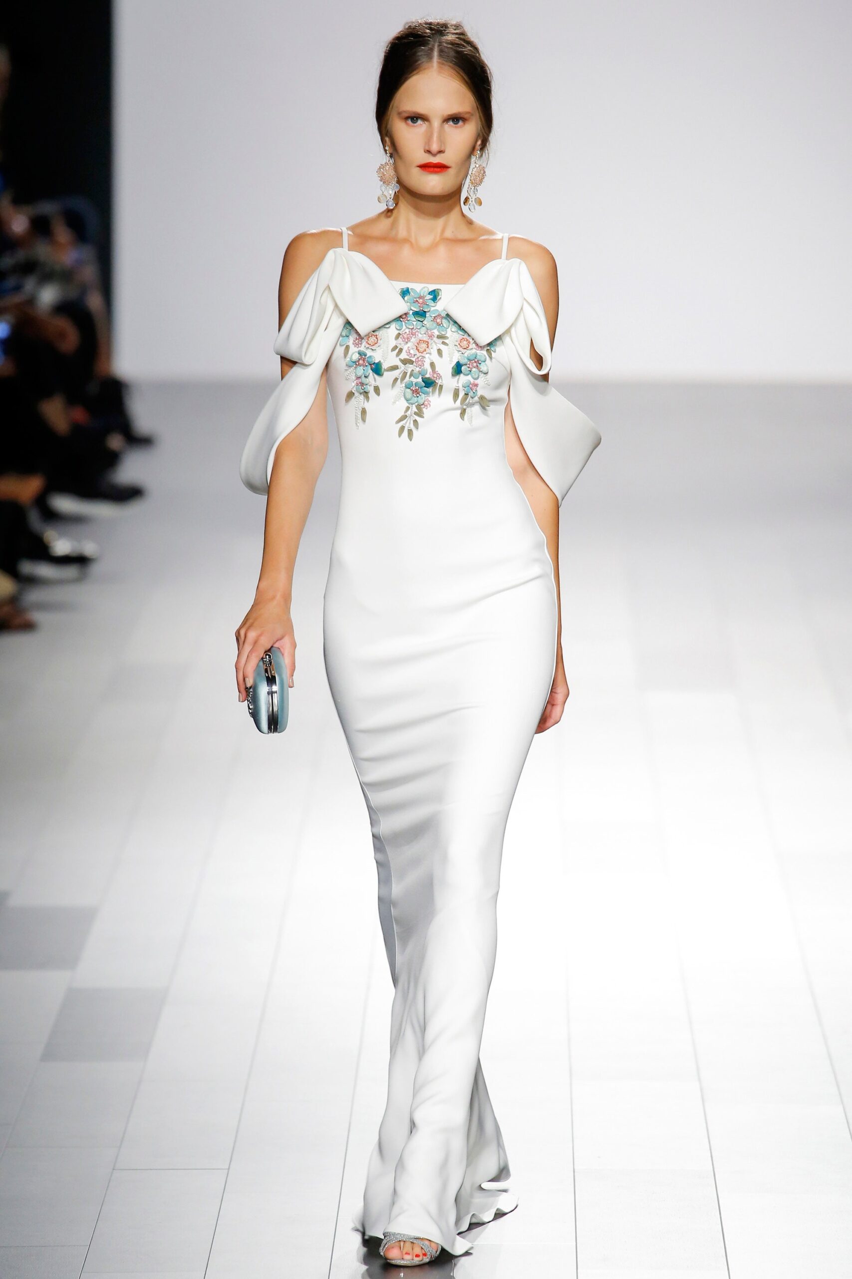 white silk off-shoulder gown