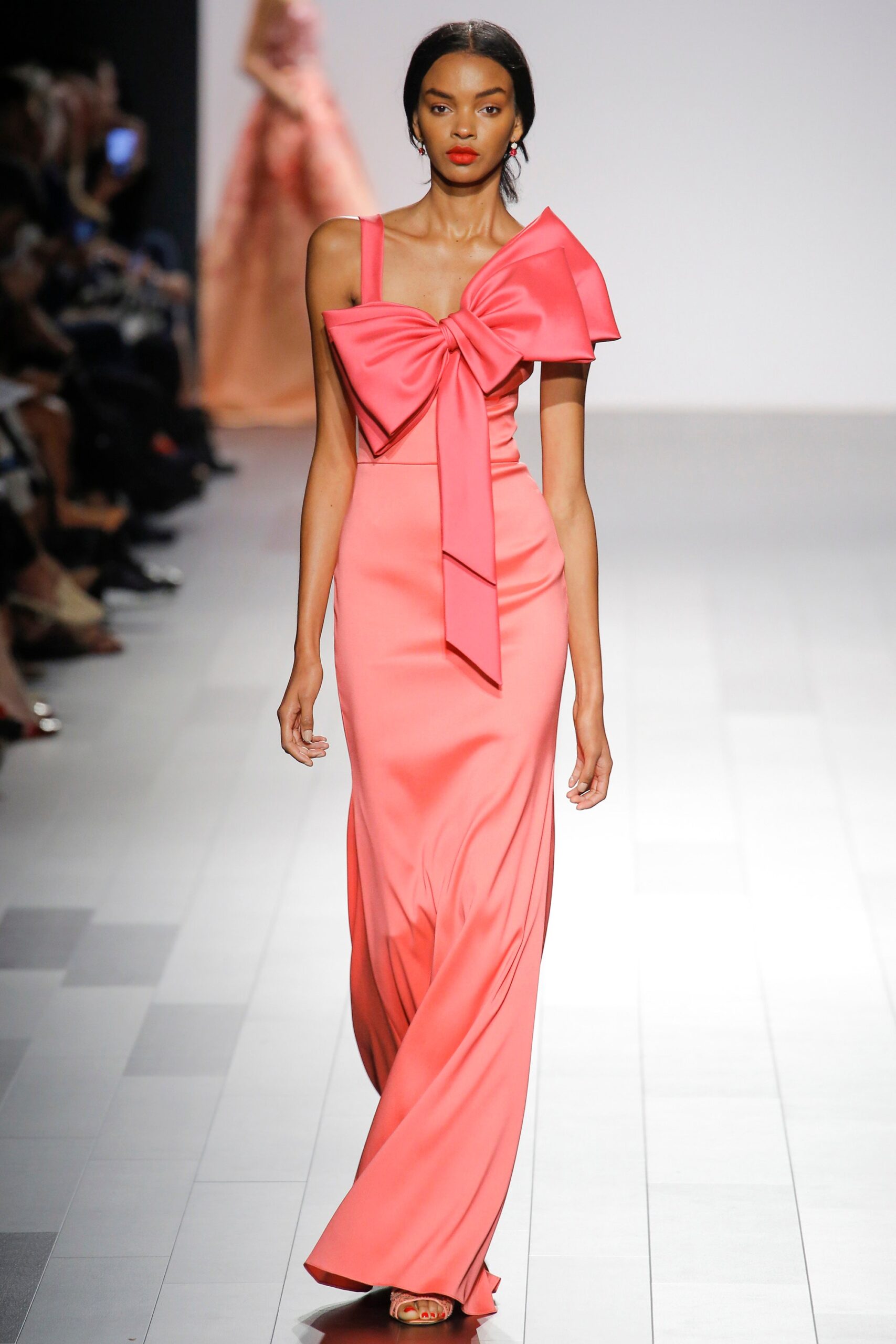 pink silk off-shoulder gown