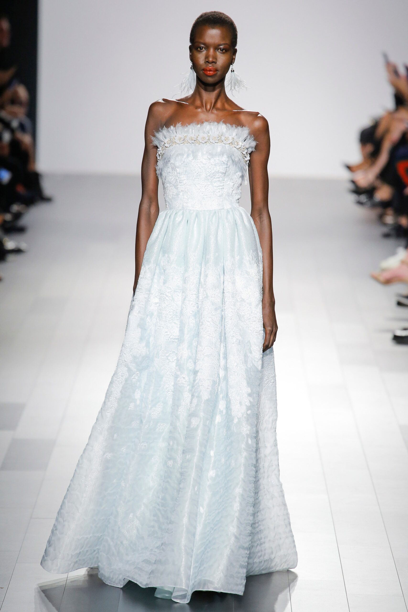 blue silk strapless gown