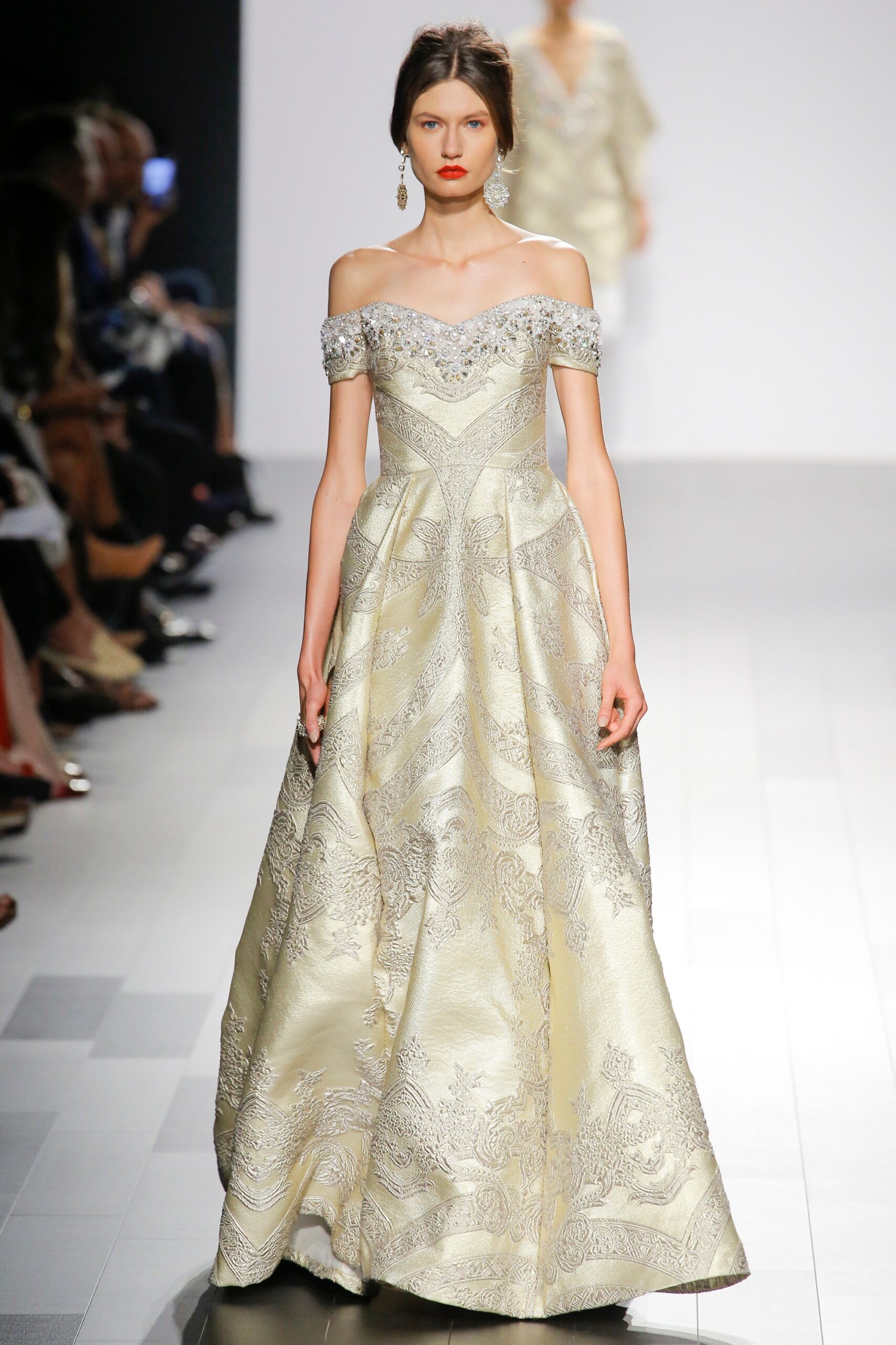 gold embroidered off-shoulder gown