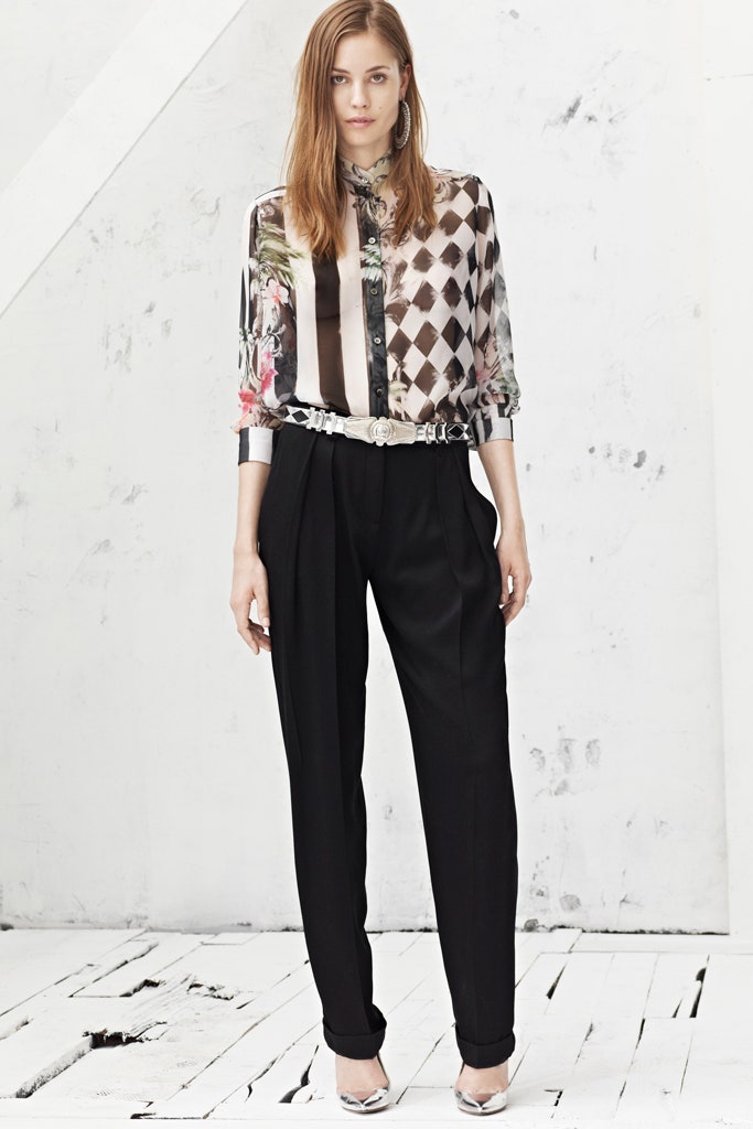 multi-colored silk shirt with tailored pants