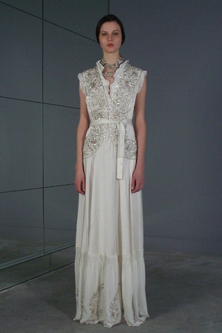 white silk embroidered gown