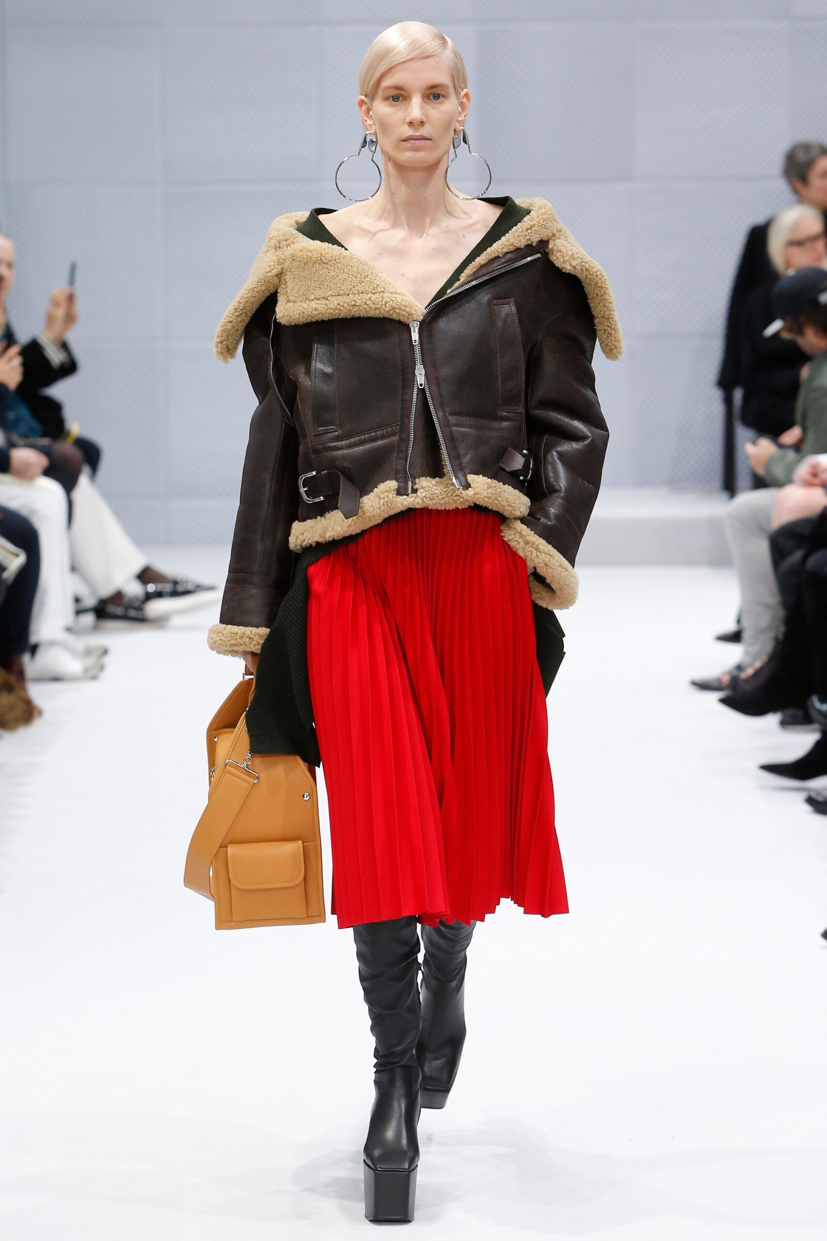 brown leather long-sleeve collared fitted zippered pleated jacket