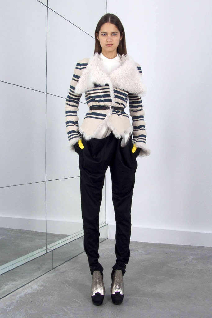 white wool long-sleeve collared fitted striped layered jacket