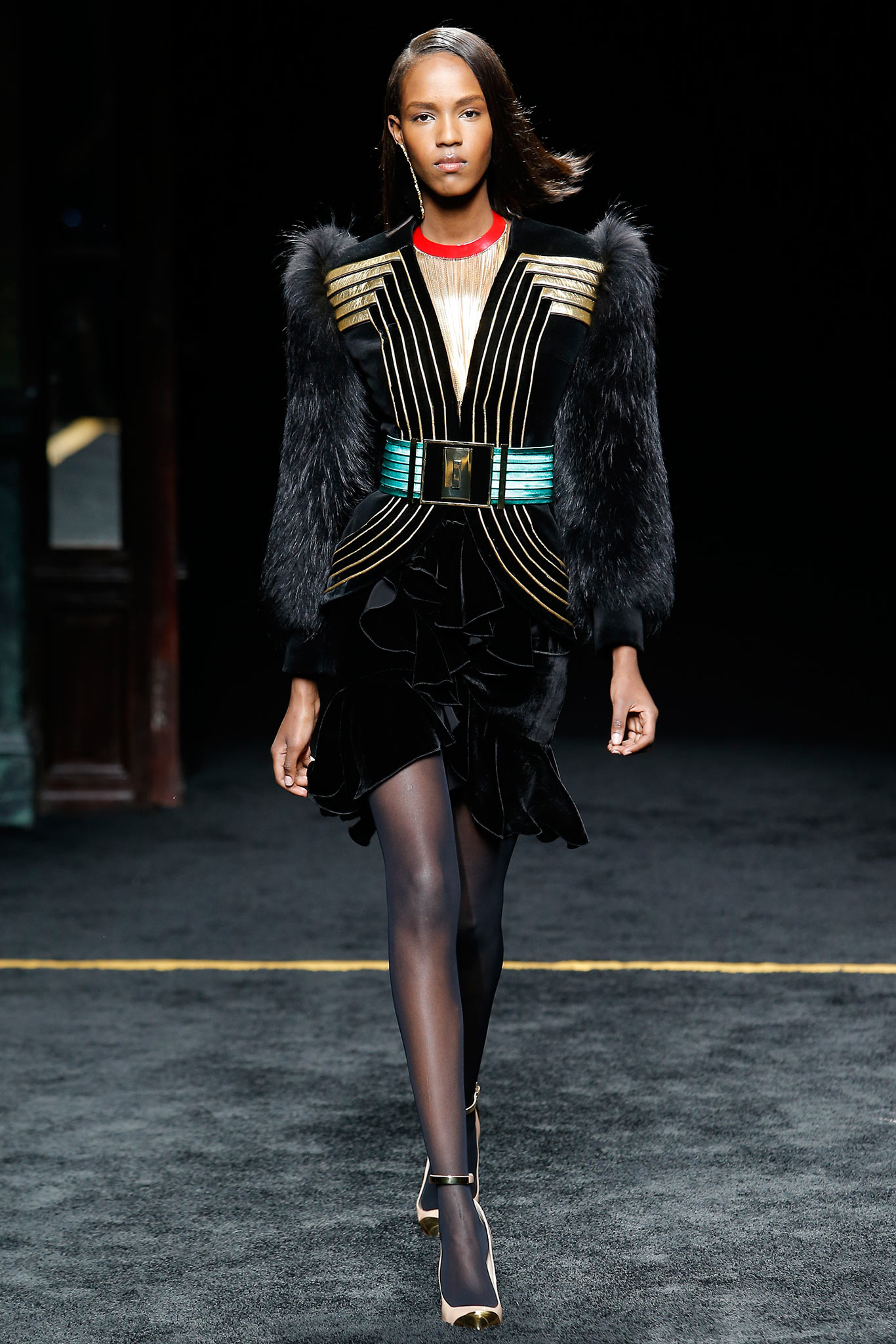black fur long-sleeve collared fitted zippered embroidered jacket