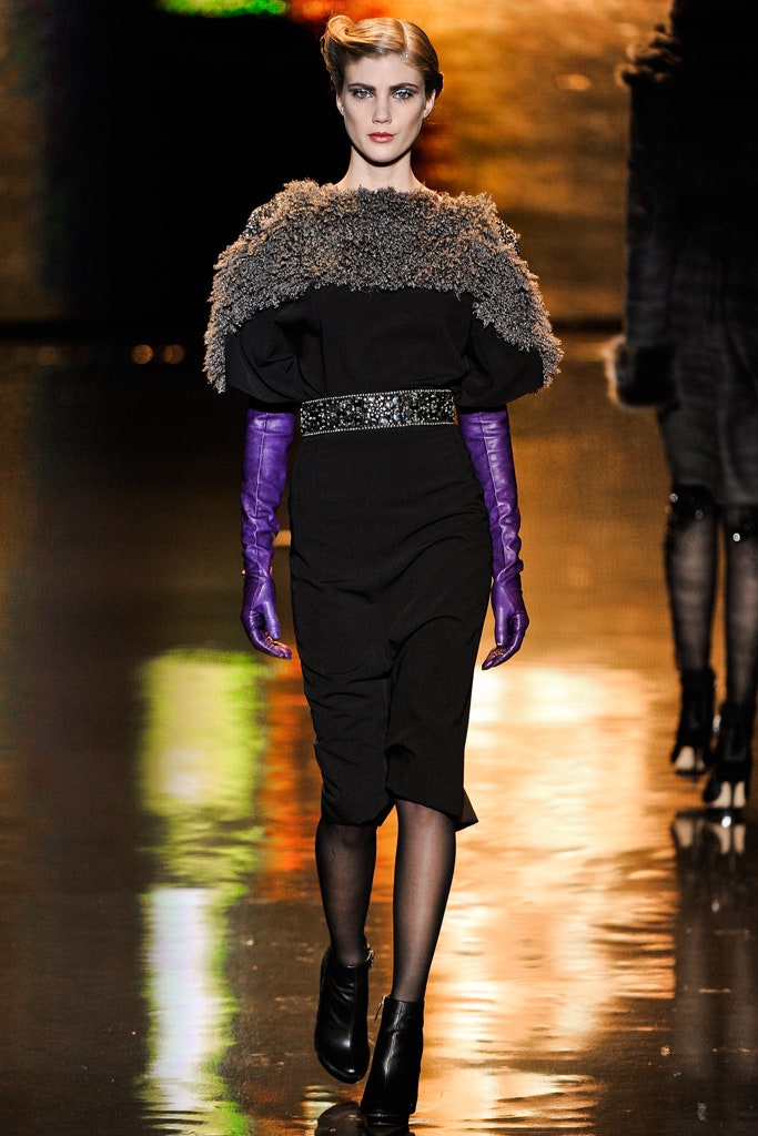 black fitted midi dress with gray cape