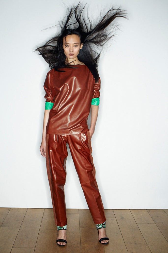 brown leather relaxed top and fitted pants