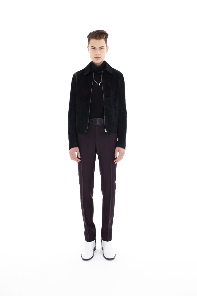 black suede jacket with slim pants