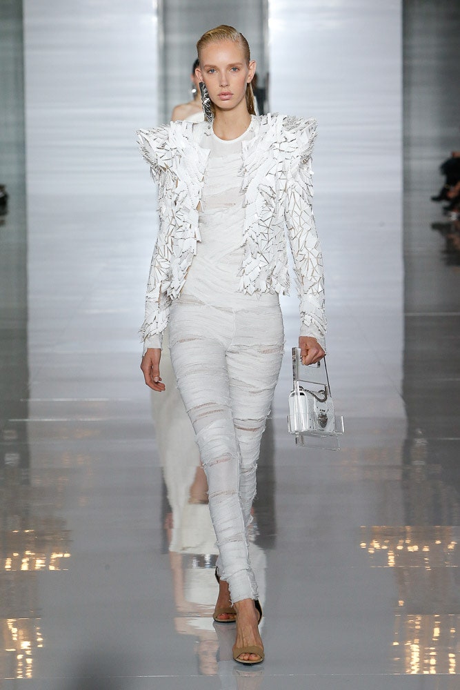 white cotton long-sleeve collared fitted ruffled jacket