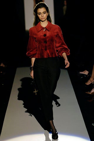 red silk long-sleeve collared fitted buttoned blouse