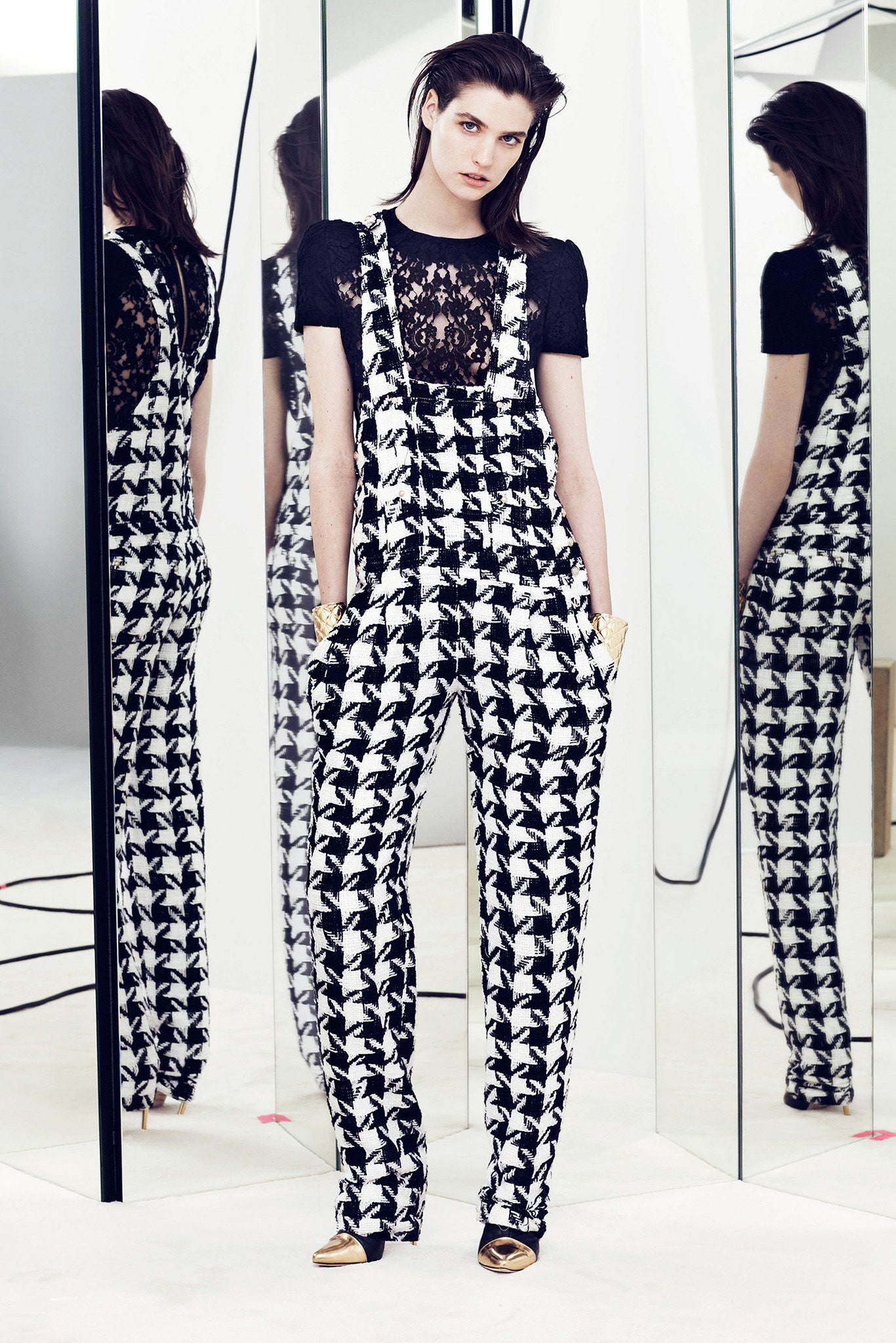 black and white printed overalls with lace top