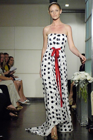white and black polka-dot gown