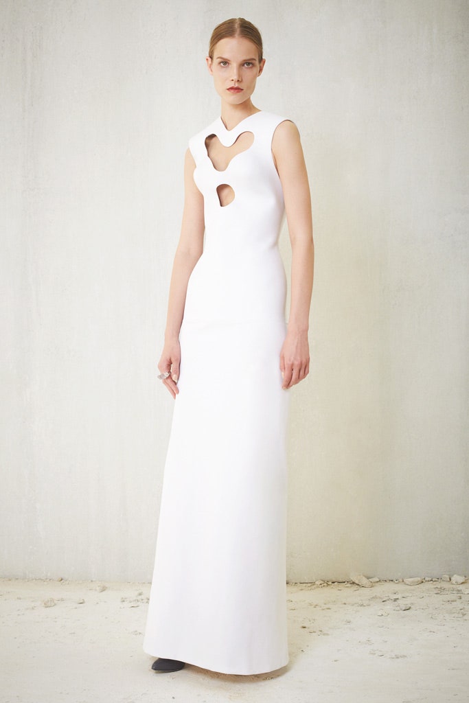 white fitted neoprene gown