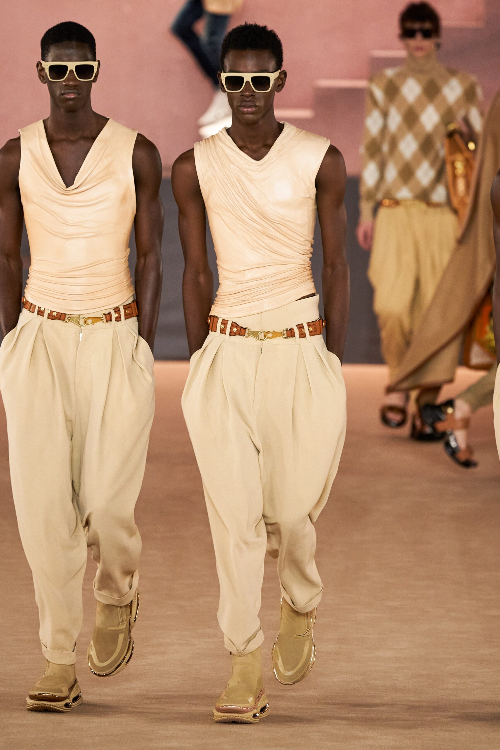 beige fitted top and relaxed pants