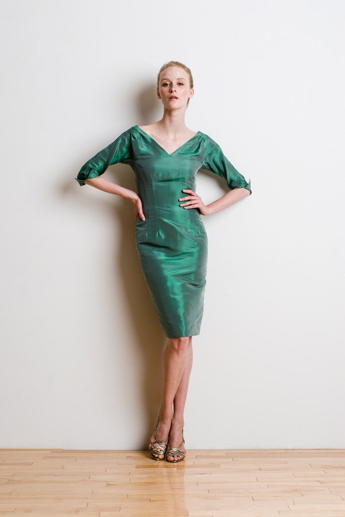 fitted green silk midi dress
