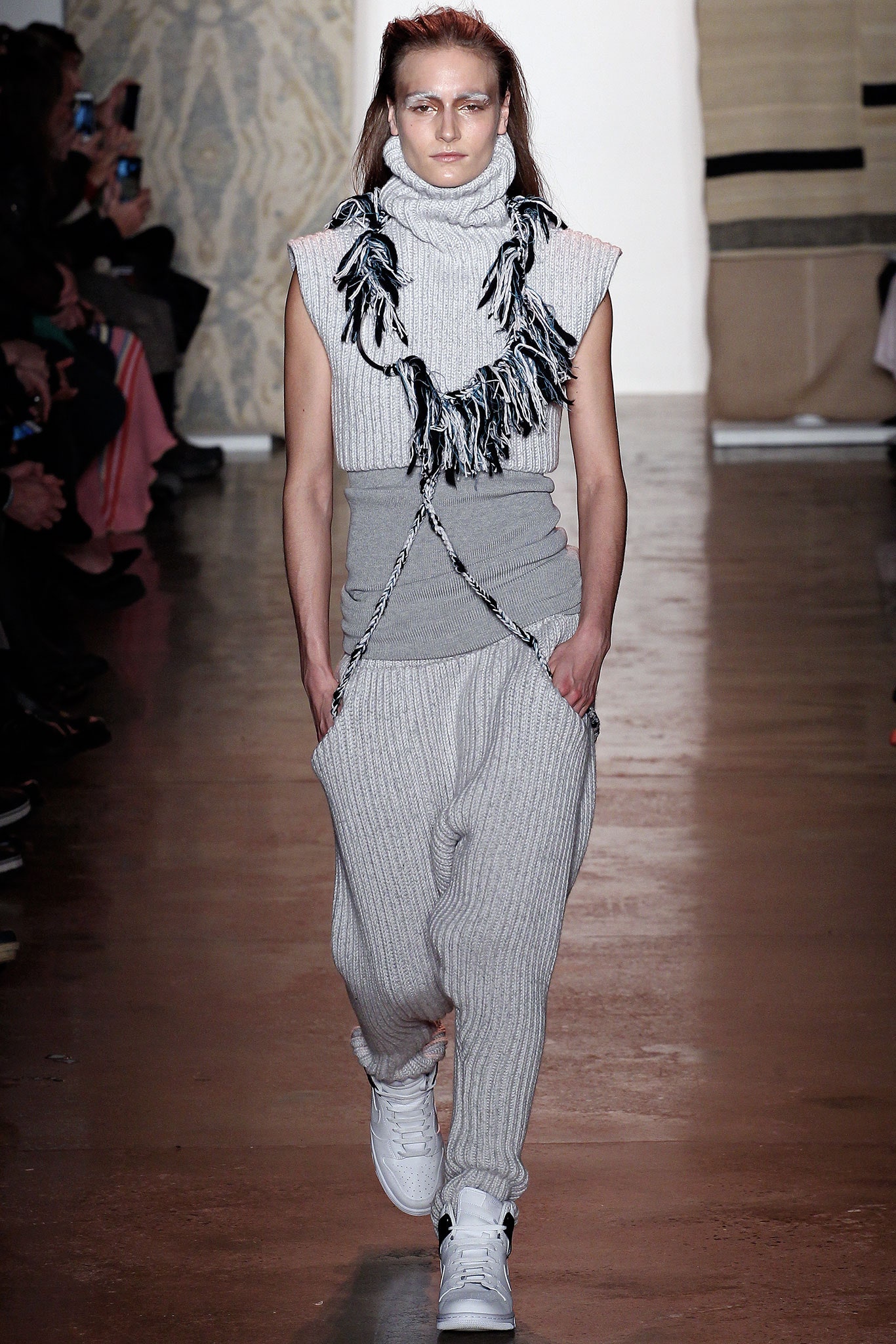 gray knit sleeveless top with relaxed pants