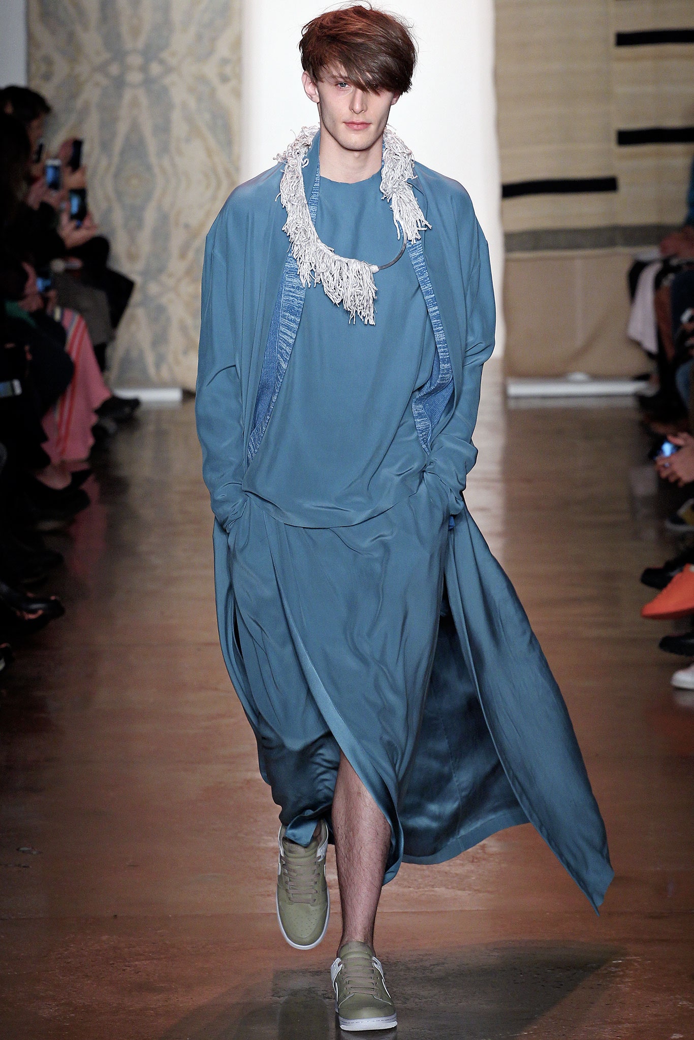 blue silk relaxed dress with coat