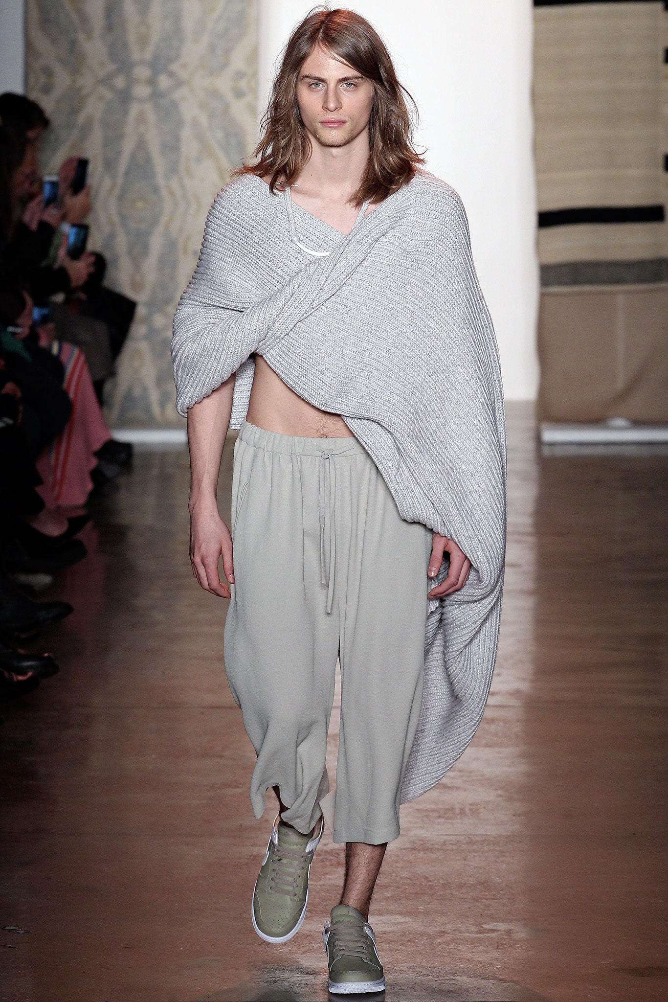 gray wool poncho with beige pants