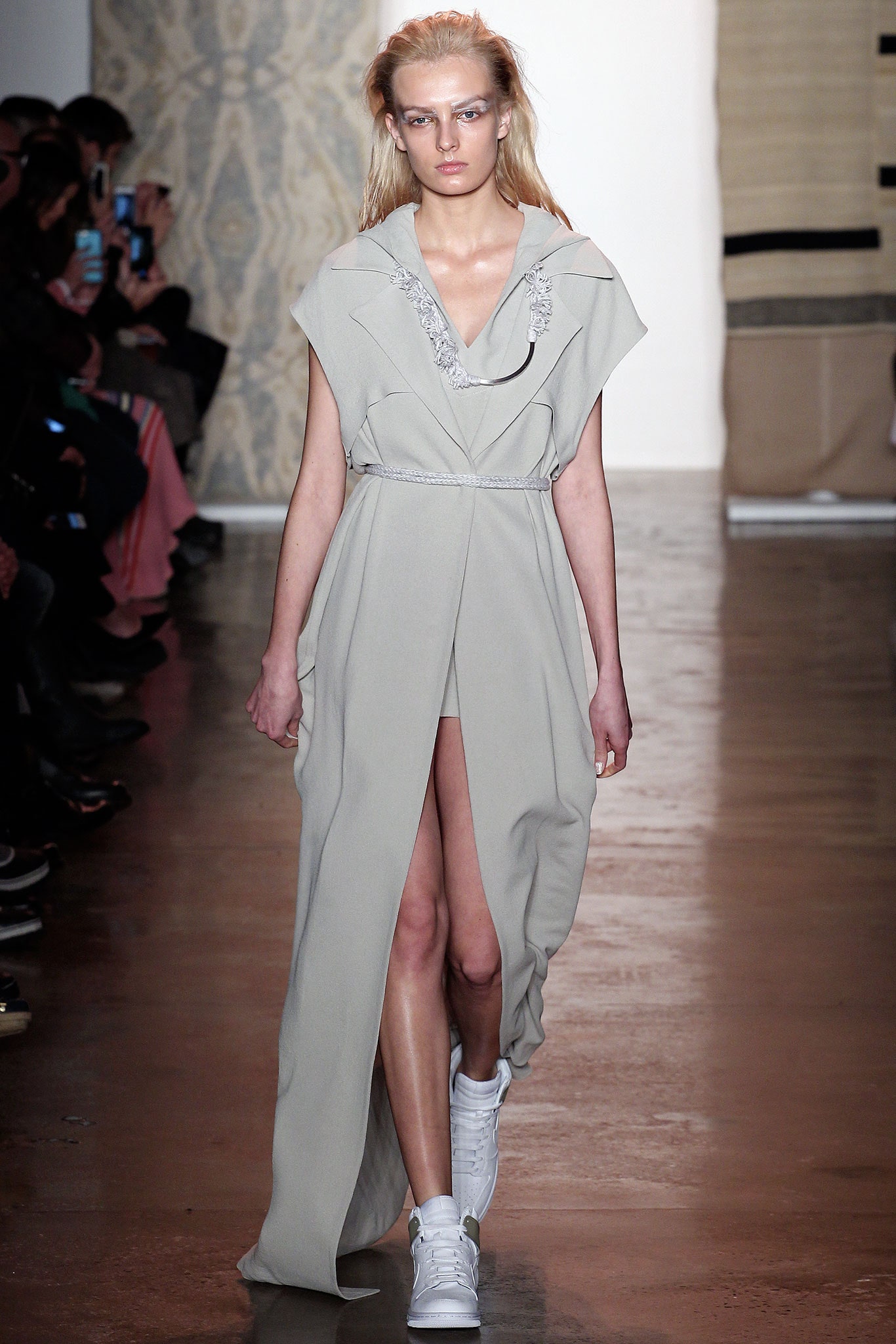 gray draped midi dress with white shoes