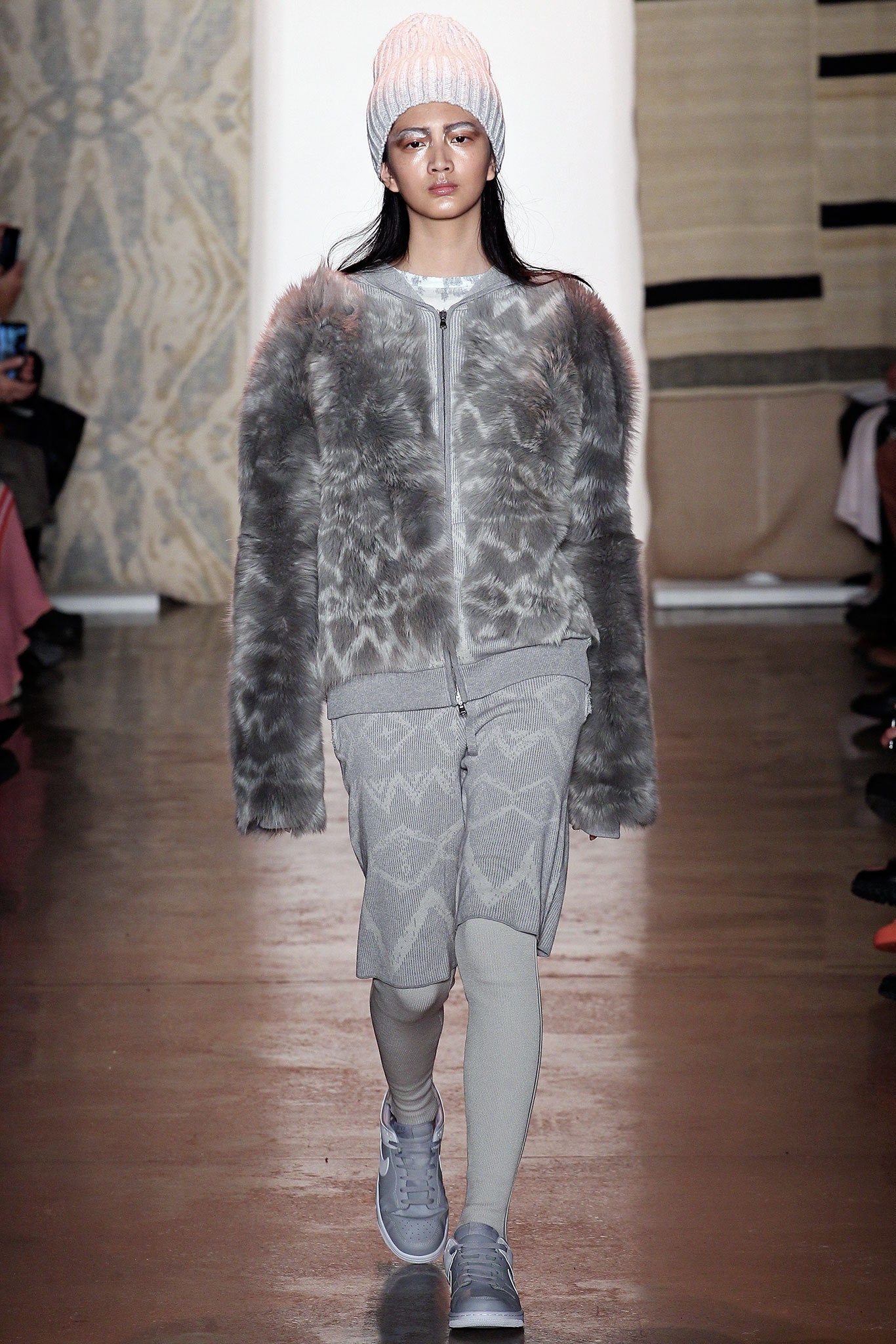 gray faux-fur jacket with shorts