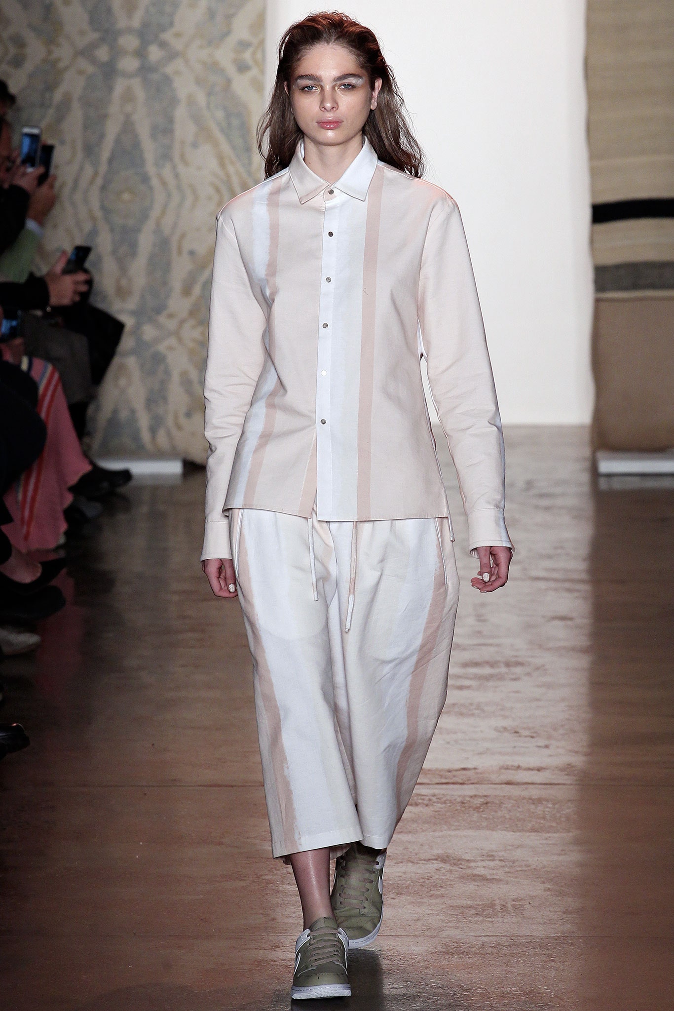 beige and white relaxed shirt with wide-leg pants