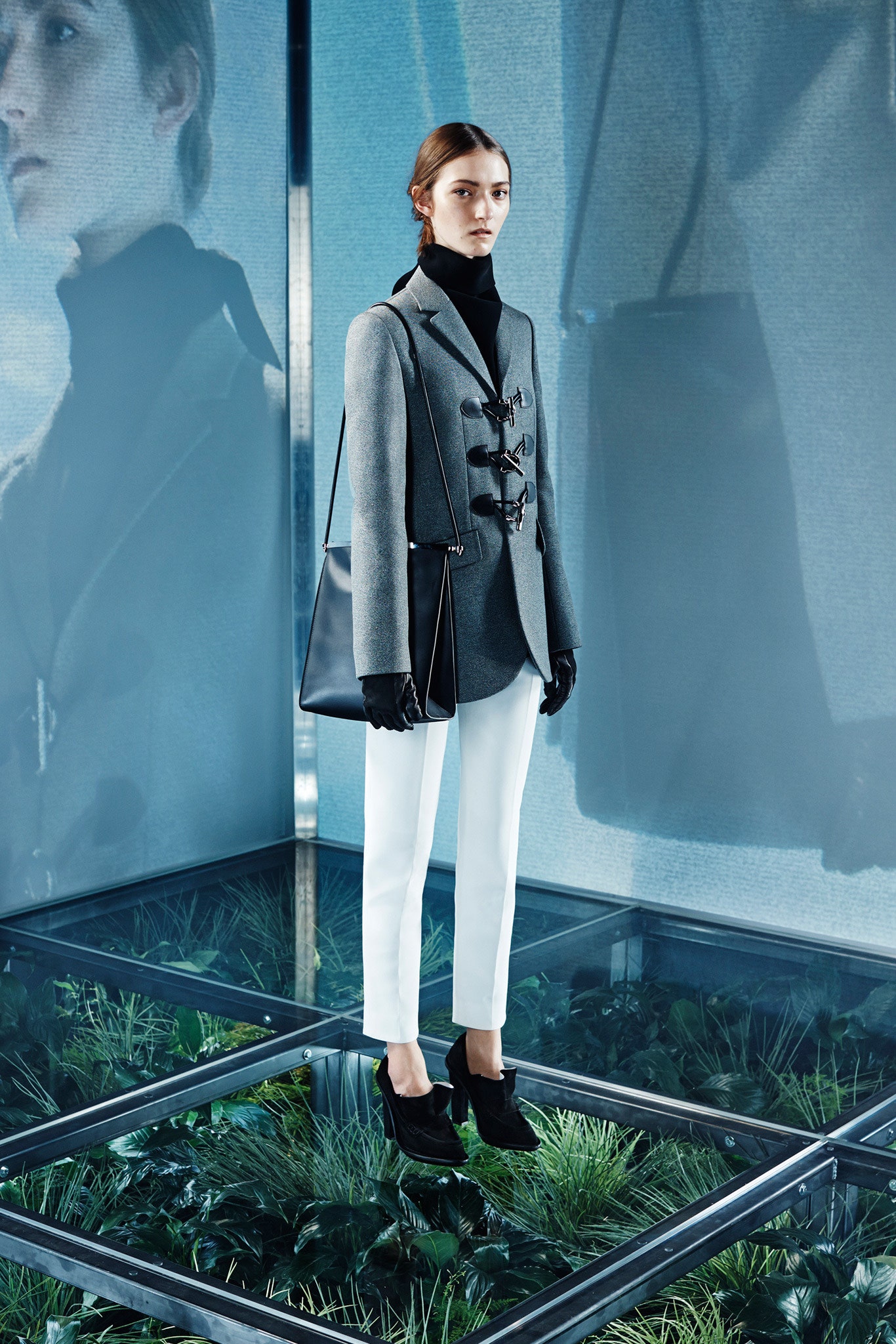gray wool coat with tailored pants