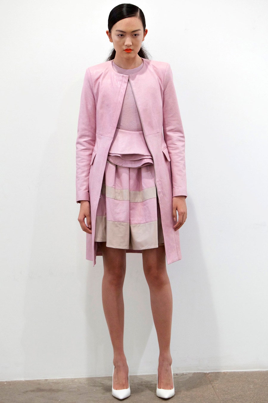 pink suede open-front coat