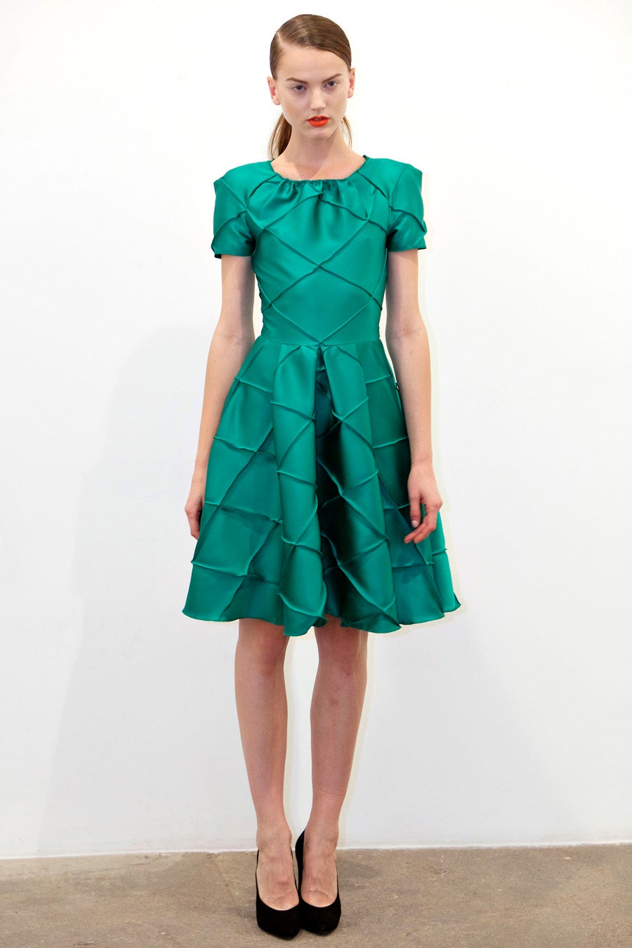 teal satin ruffled short-sleeve dress